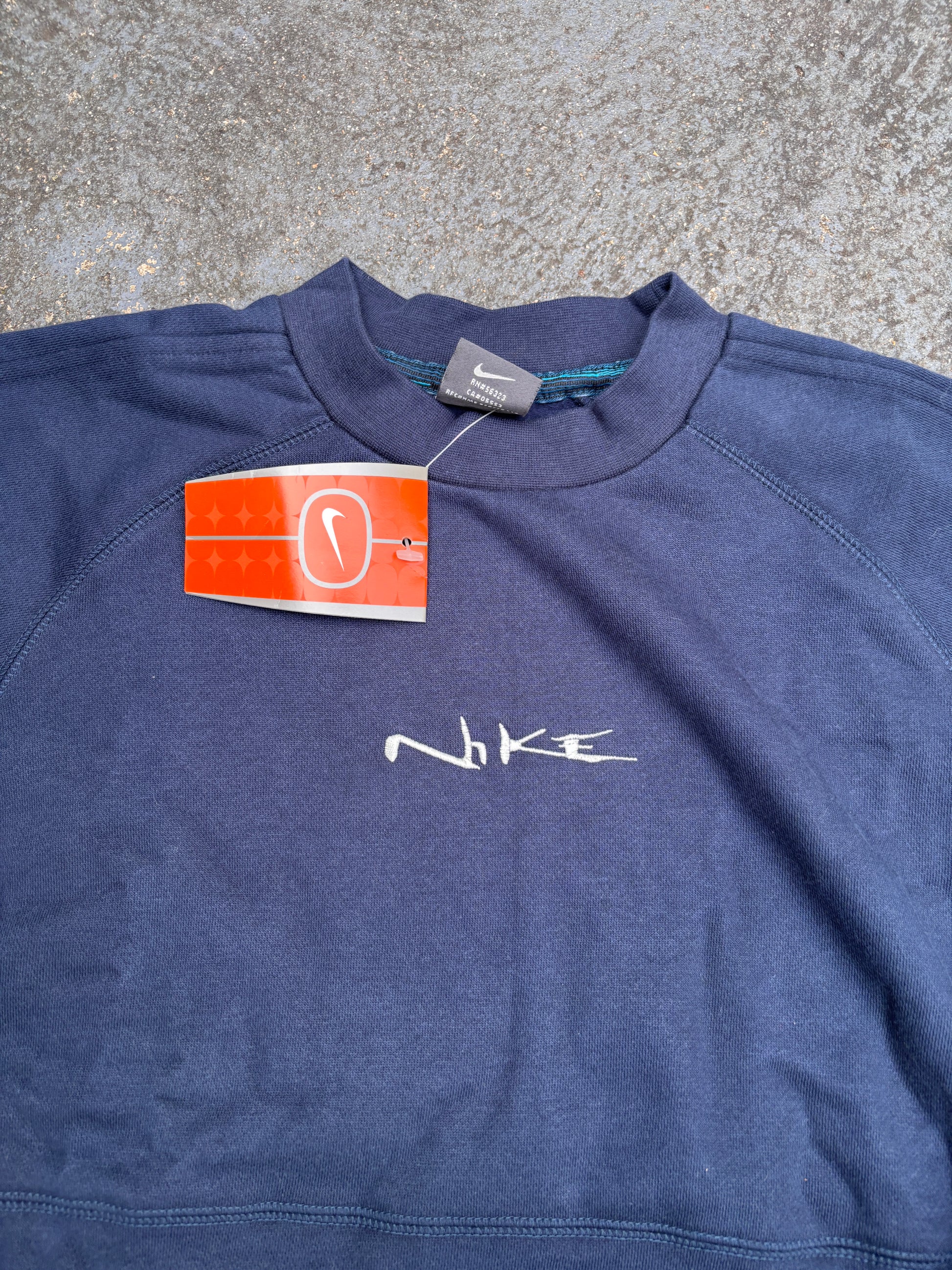 Vintage Nike Jumper Unisex Size S Navy Script Spell Out Sweatshirt NWT Rare Deadstock
