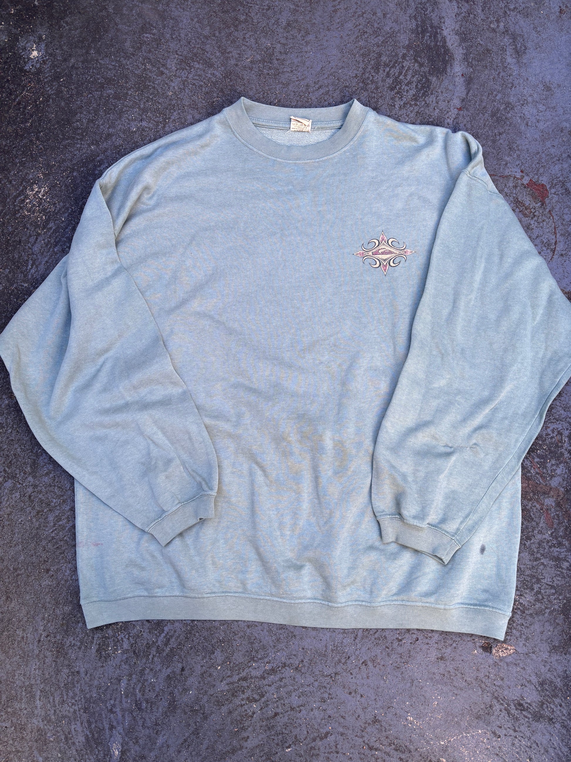 Vintage 90s Quiksilver Jumper Size M Green Large Tribal Logo Surf Wear Crew Neck