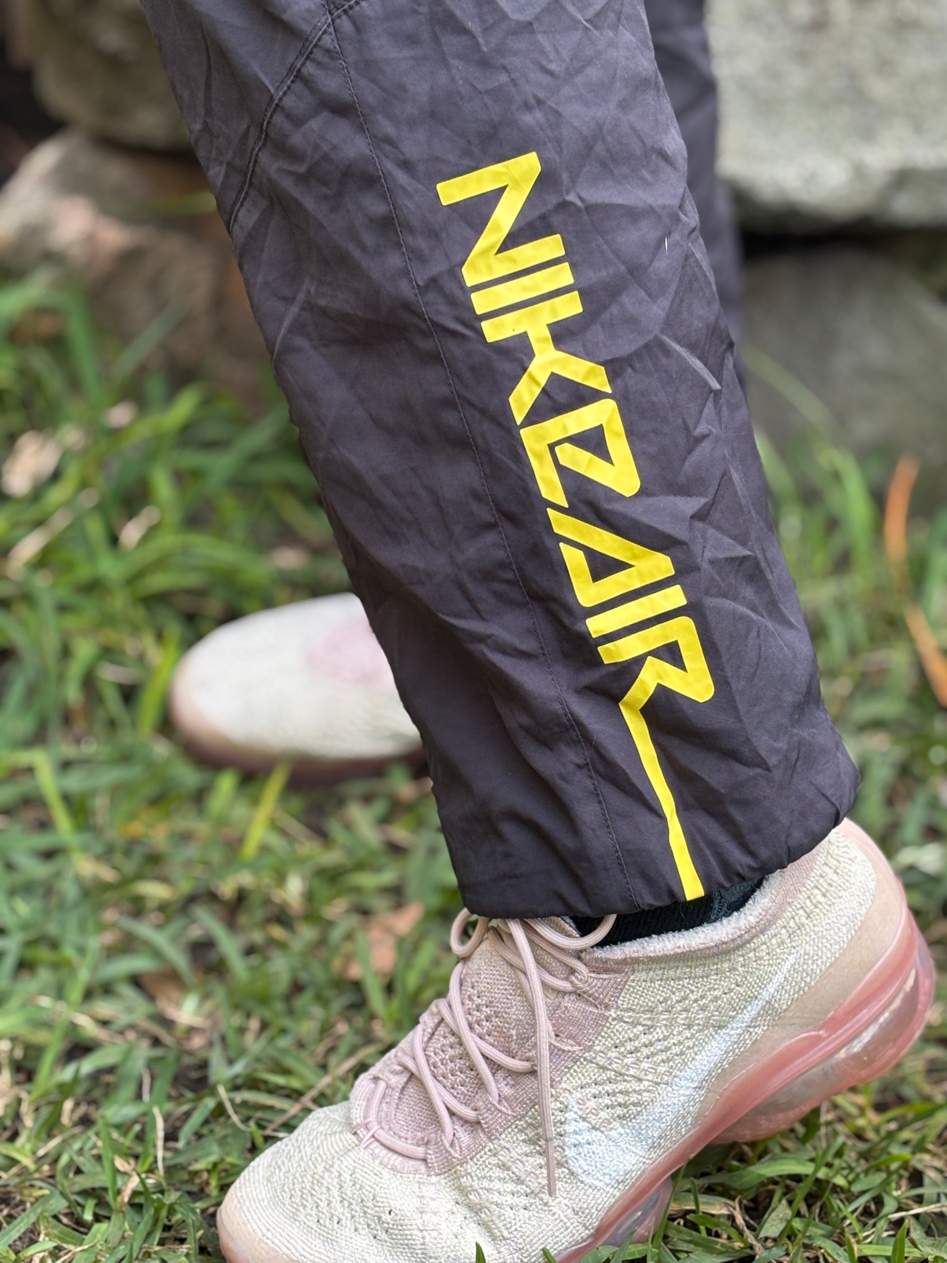 Vintage Y2K Nike Air Track Pants Size M Black Yellow Spell Out Logo Windbreakers