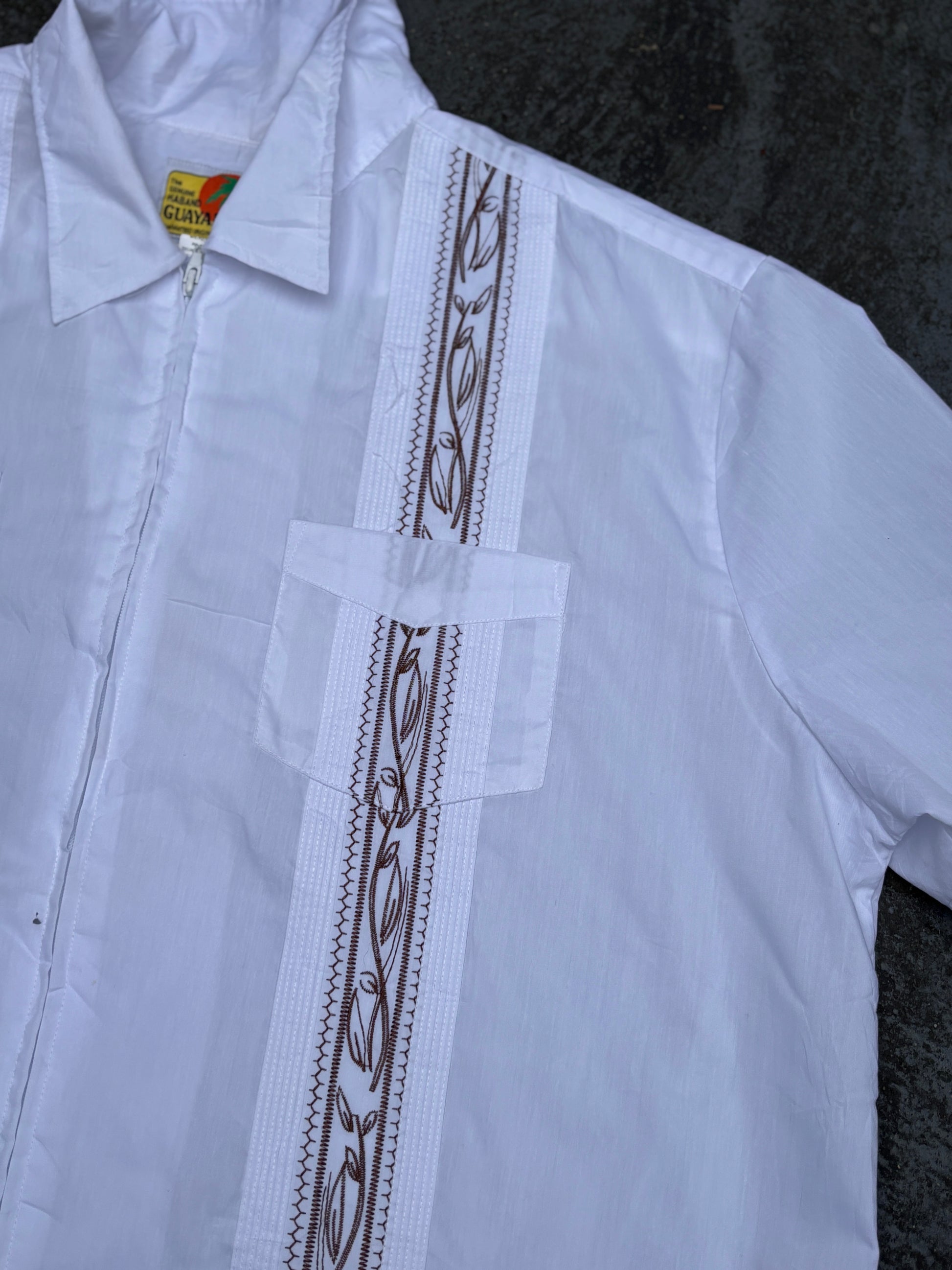 Vintage Y2K Haband Guayabera Cuban Shirt Size XXL White Bronze Stitching Full Zip