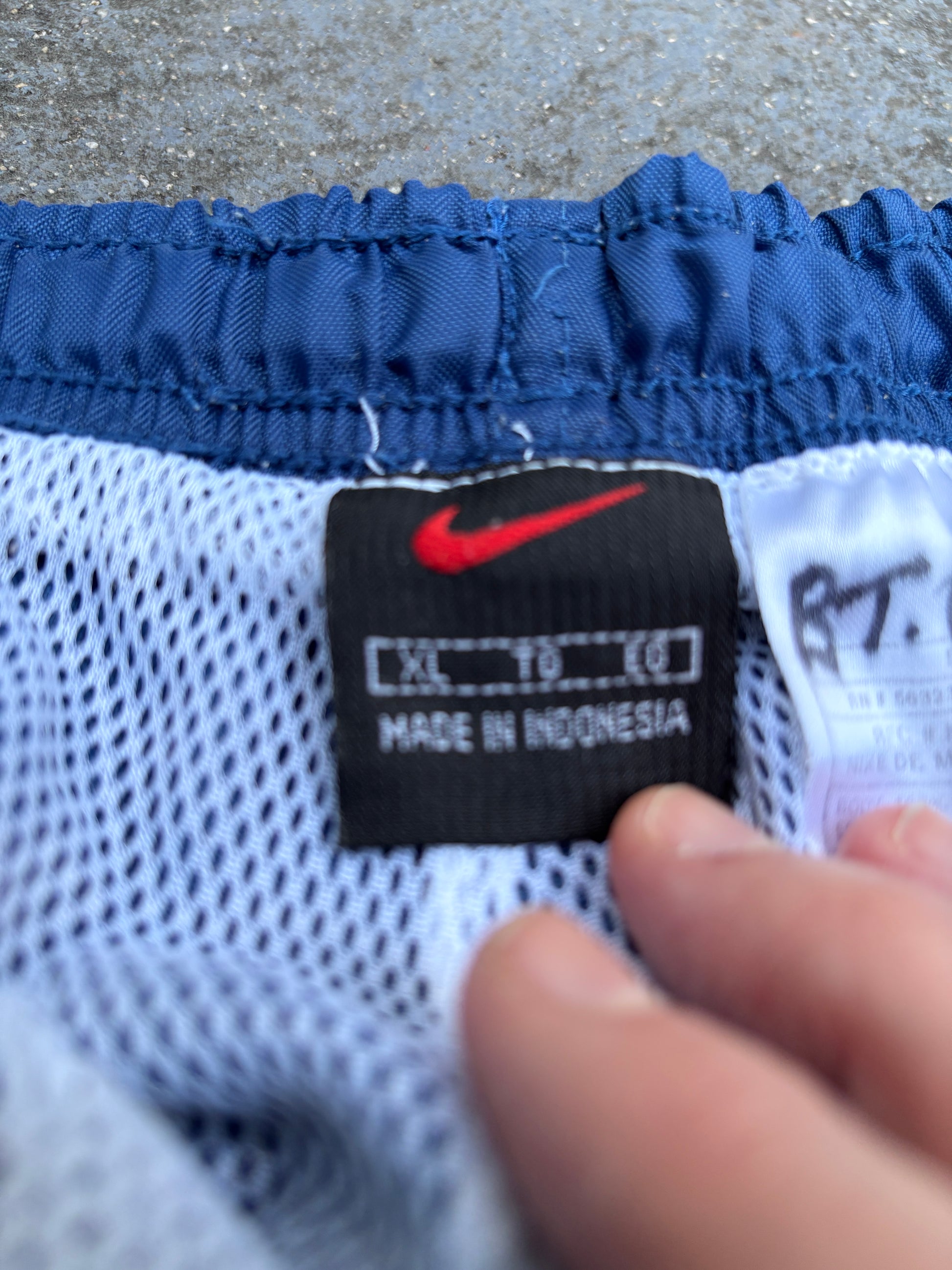 Vintage 90s Nike Track Pants Size XL Blue Black Swoosh Spell Out Logo Classic Windbreakers