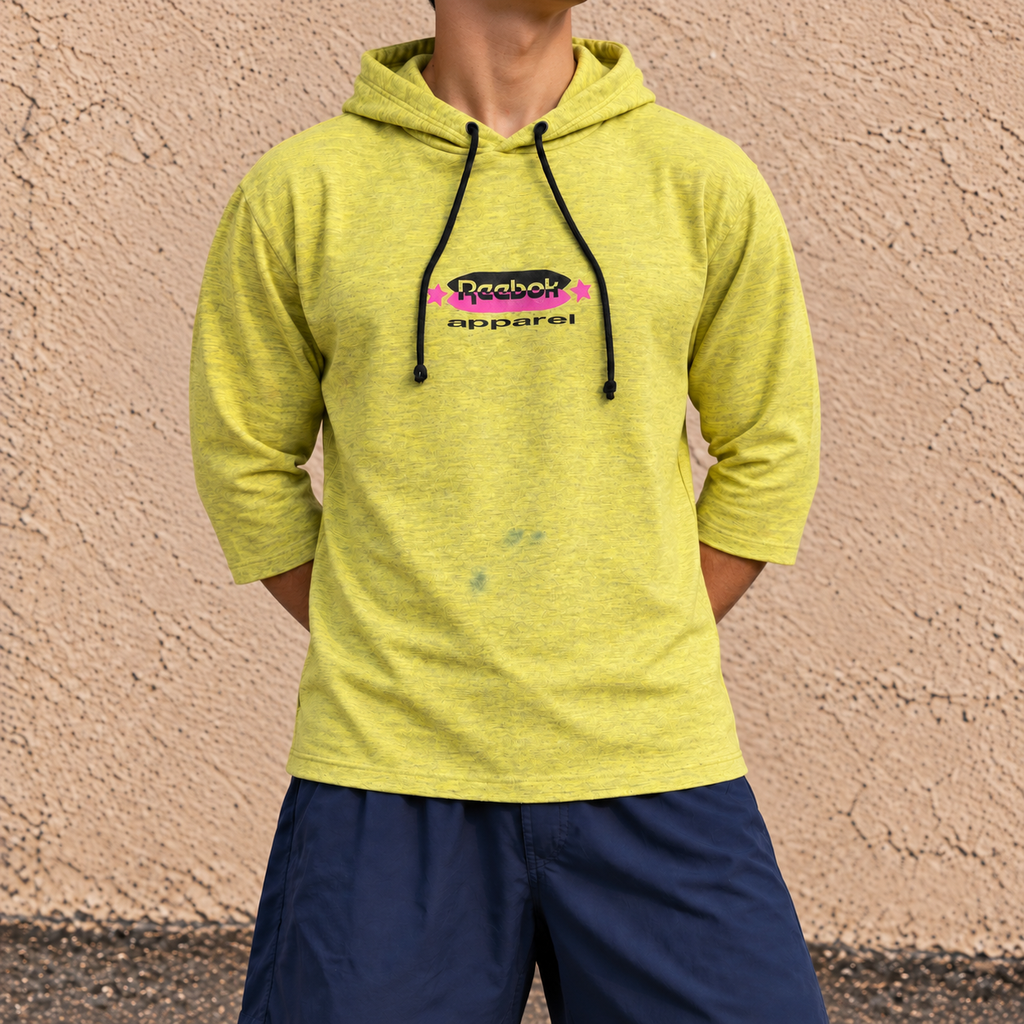 Vintage 80s Reebok Hoodie Men's Large Yellow Retro Logo Spell Out 3/4 Sleeve