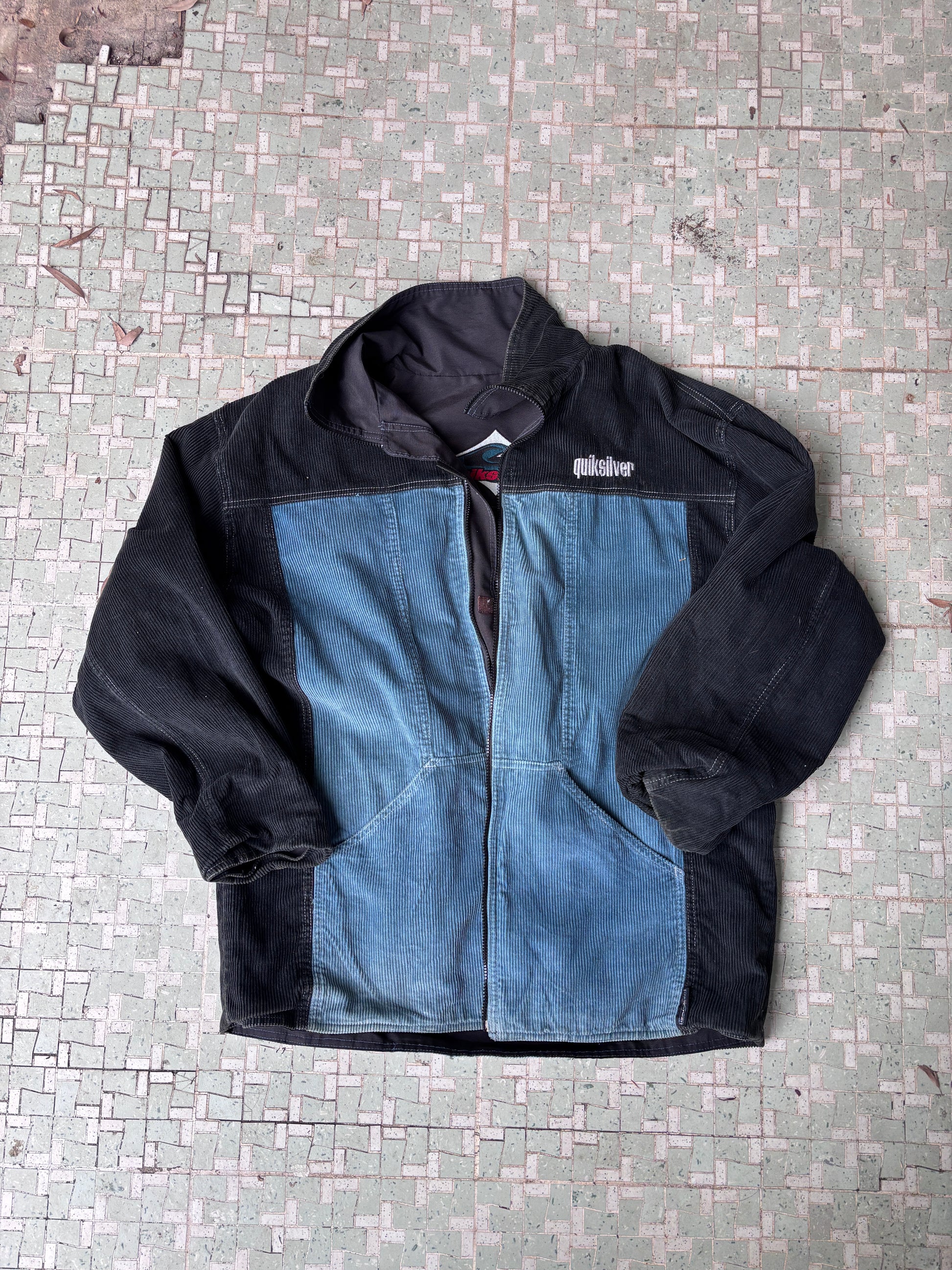 Vintage 90s Quiksilver Reversible Heavy Jacket Size XL Black Blue Corduroy Nylon