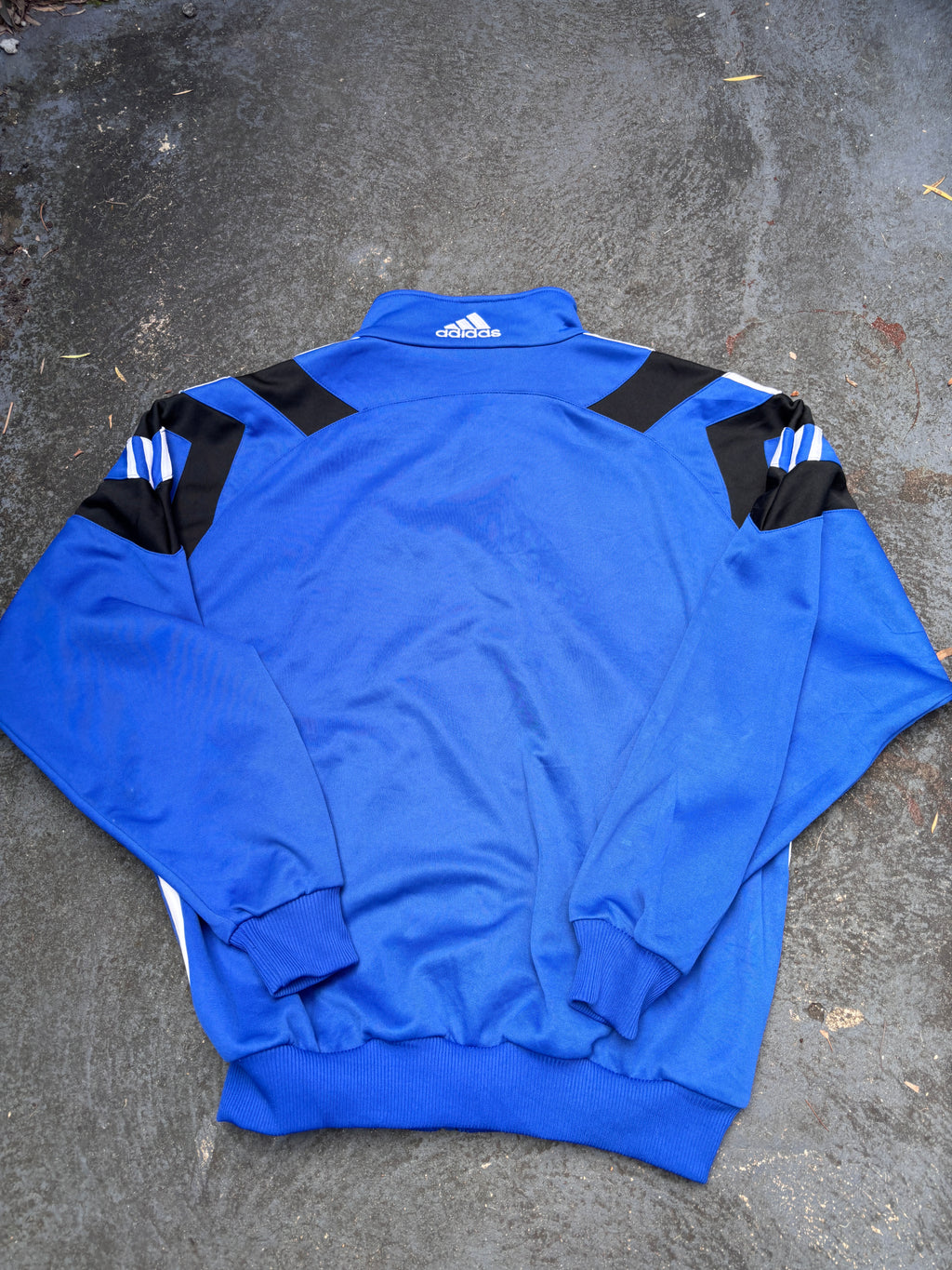Vintage 90s Adidas Jacket Size L Blue Navy 3 Stripe Football Satin Style Finish