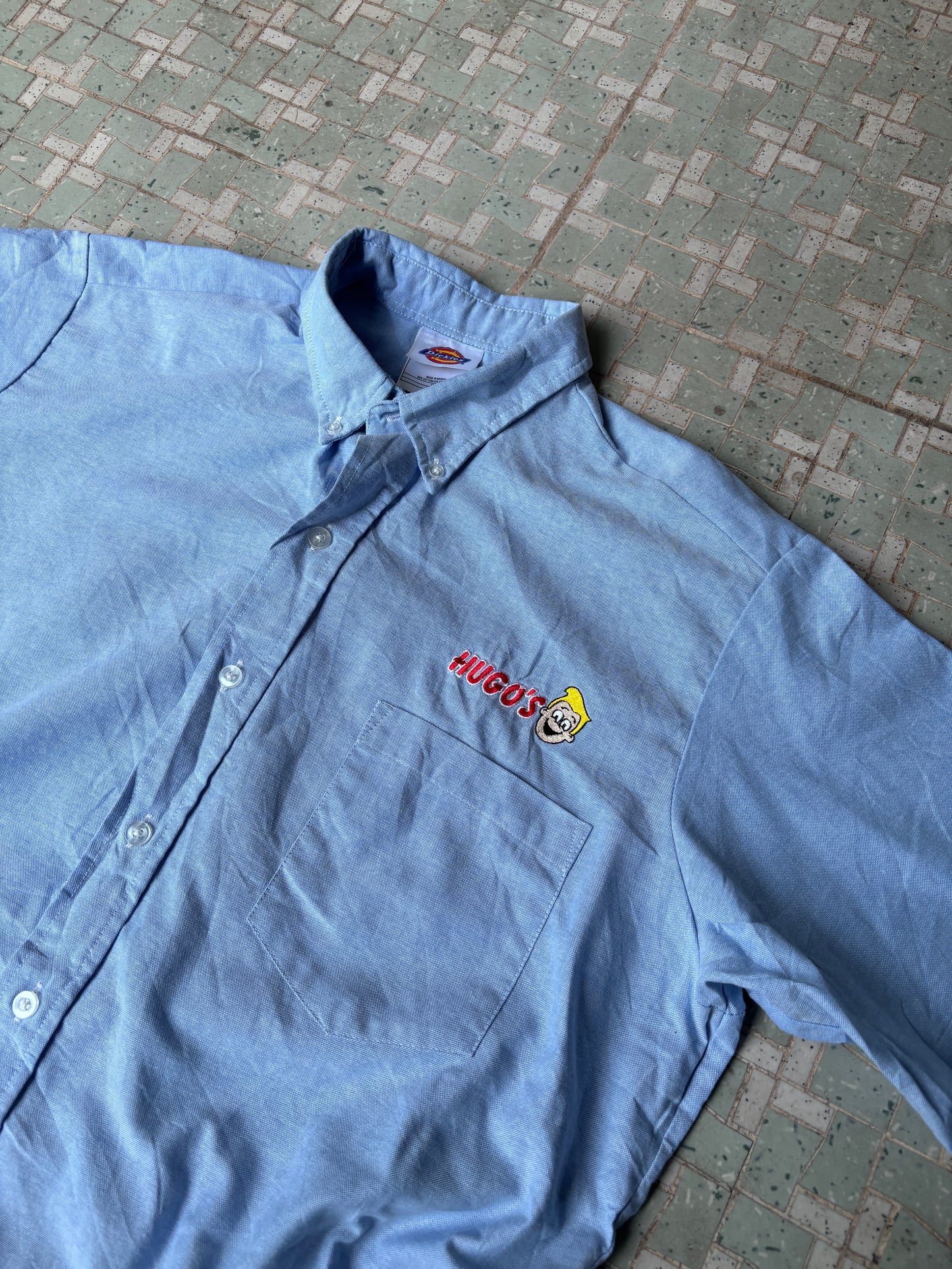 Dickies Workwear Shirt Size L/XL Blue Embroidered Logo "Hugo's" Button Up