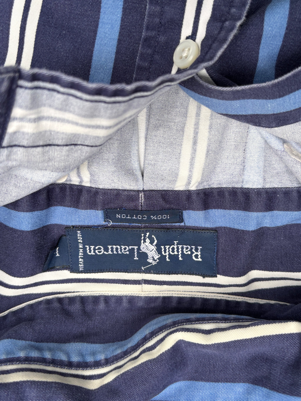 Vintage 90s Ralph Lauren Shirt Size L Navy Two Tone Downstripe Navy Pony Button Up