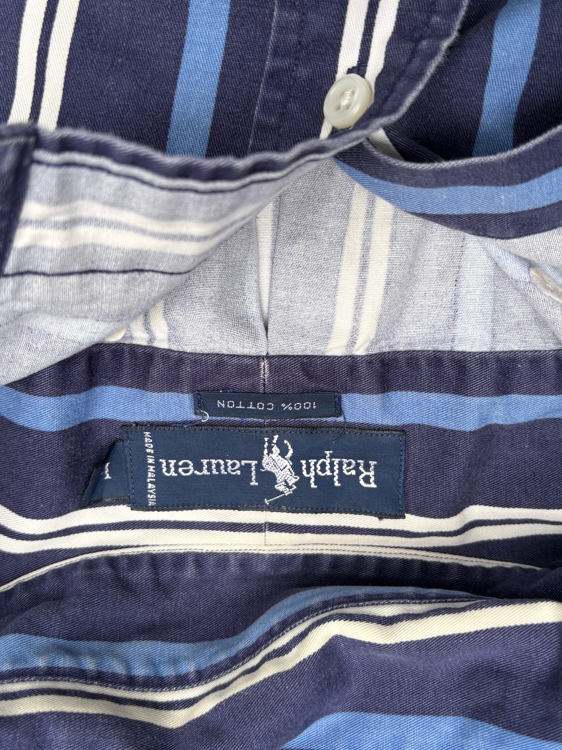 Vintage 90s Ralph Lauren Shirt Size L Navy Two Tone Downstripe Navy Pony Button Up