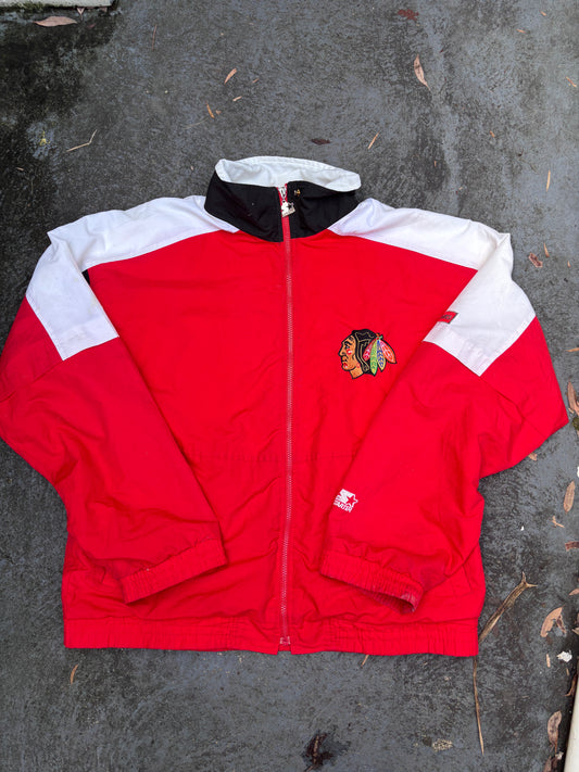 Vintage 90s Starter Jacket Size L Red Black Chicago Blackhawks Nylon Windbreaker