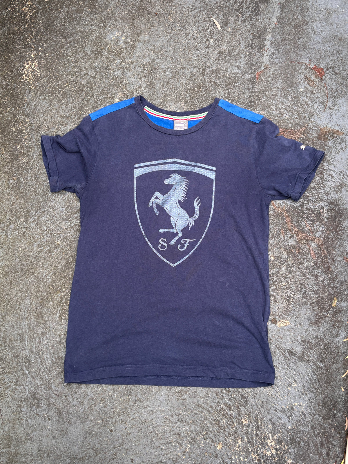 Vintage Y2K Puma Ferrari T-shirt Size S Navy Large Horse Graphic + Badge Crew Neck
