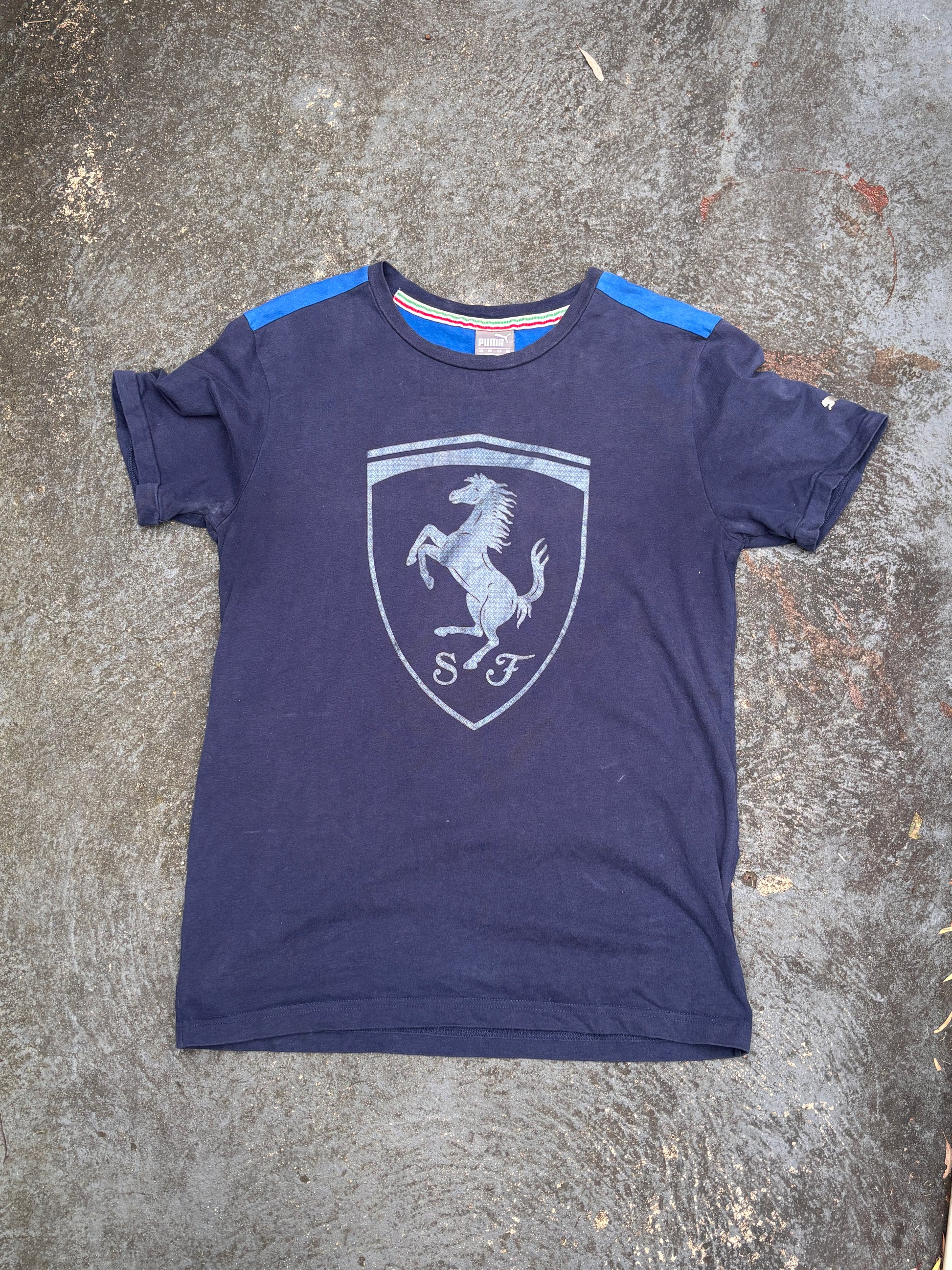 Vintage Y2K Puma Ferrari T-shirt Size S Navy Large Horse Graphic + Badge Crew Neck
