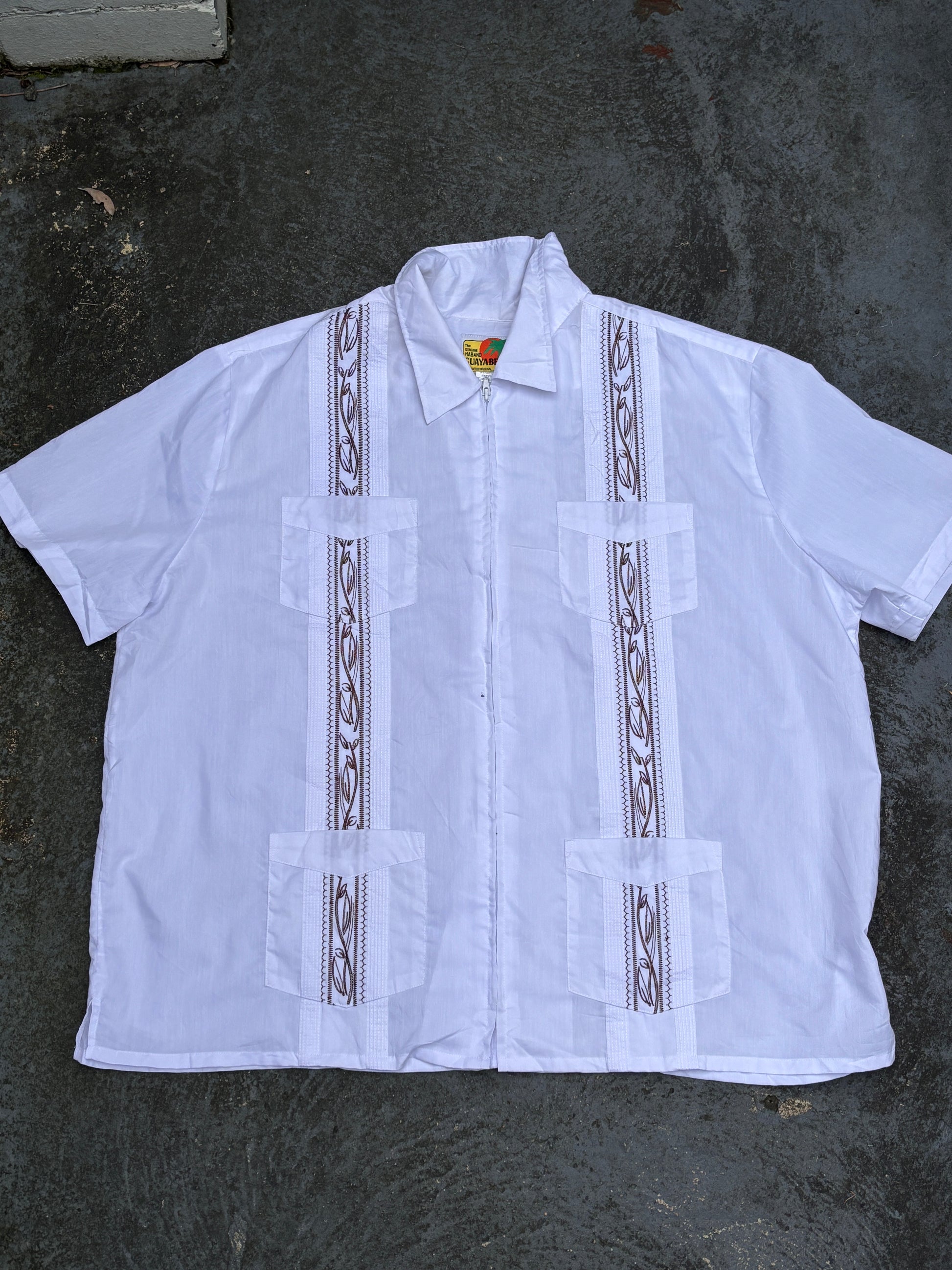 Vintage Y2K Haband Guayabera Cuban Shirt Size XXL White Bronze Stitching Full Zip