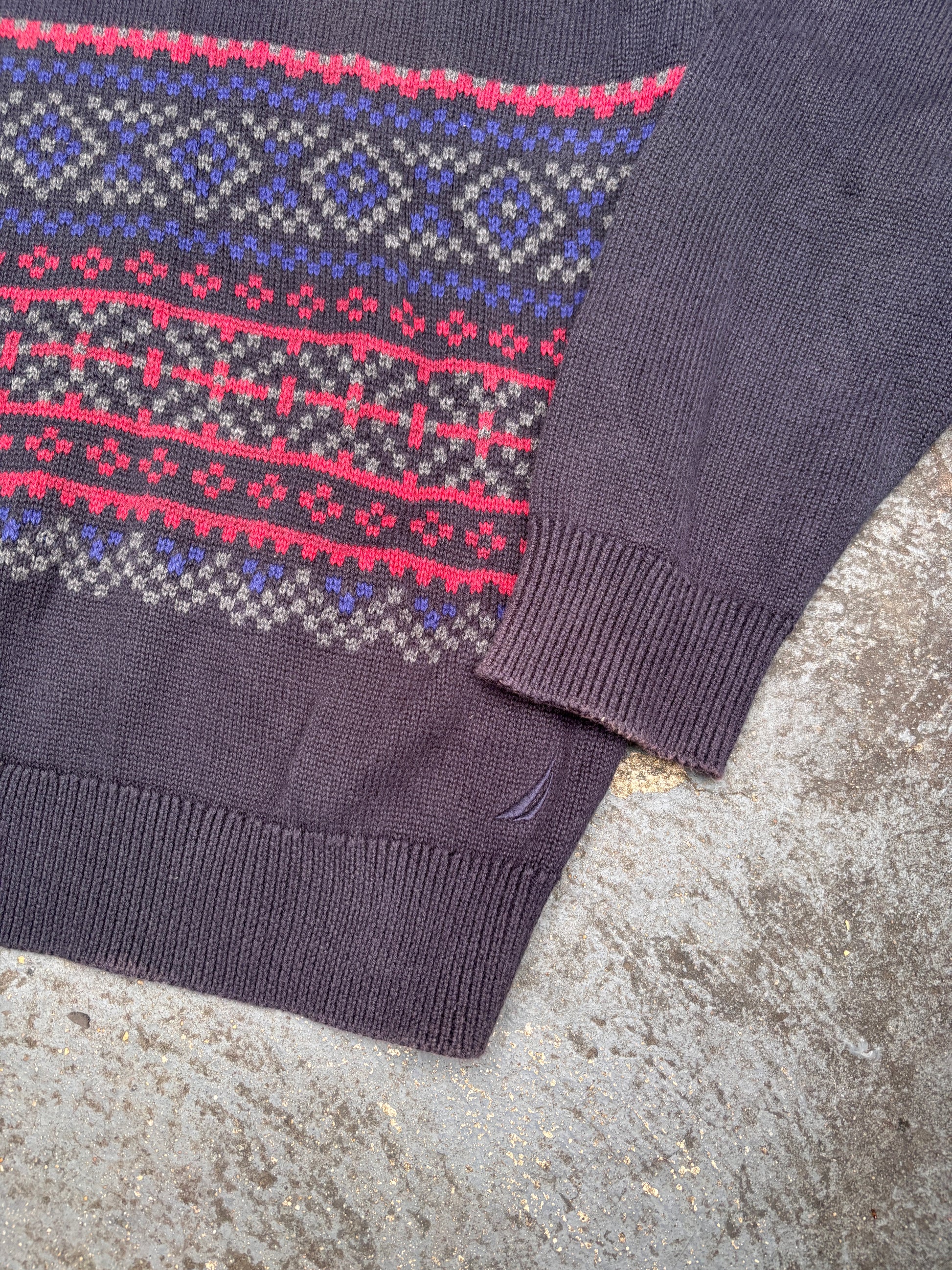 Nautica Knit Jumper Size XL Navy Red Fair Isle Pattern Cotton Crew Neck Sweater