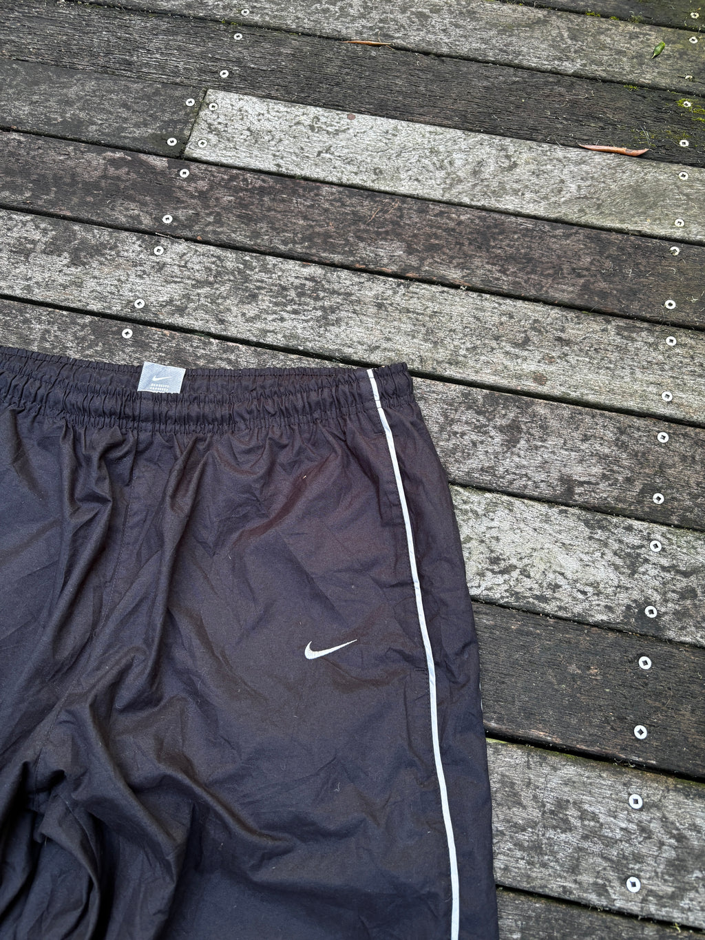 Classic Y2K Nike Track Pants Size L Black w/ Grey Spell Out Logo