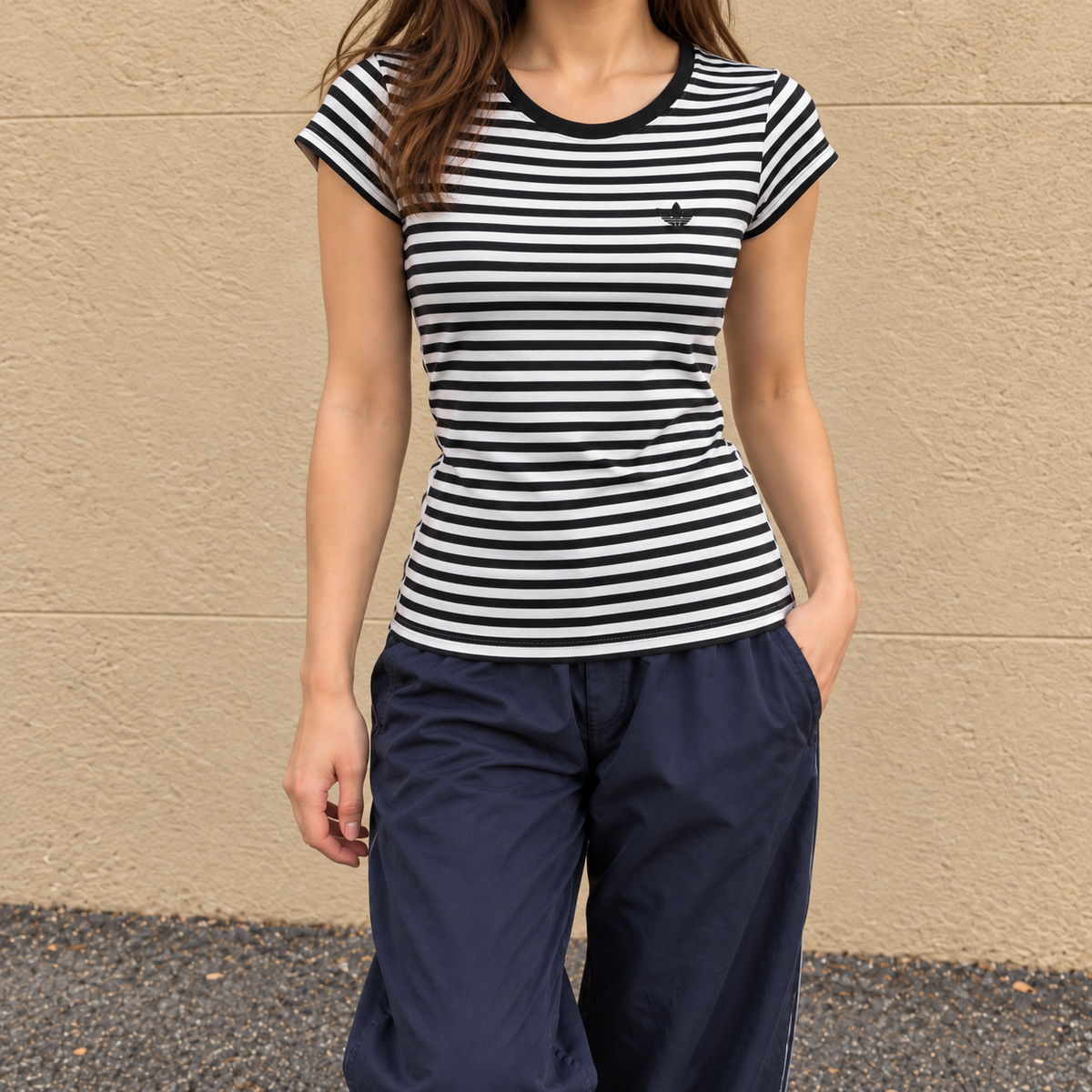 Adidas striped top Women's XS Small Black White Cap Sleeve Petite Activewear T-shirt