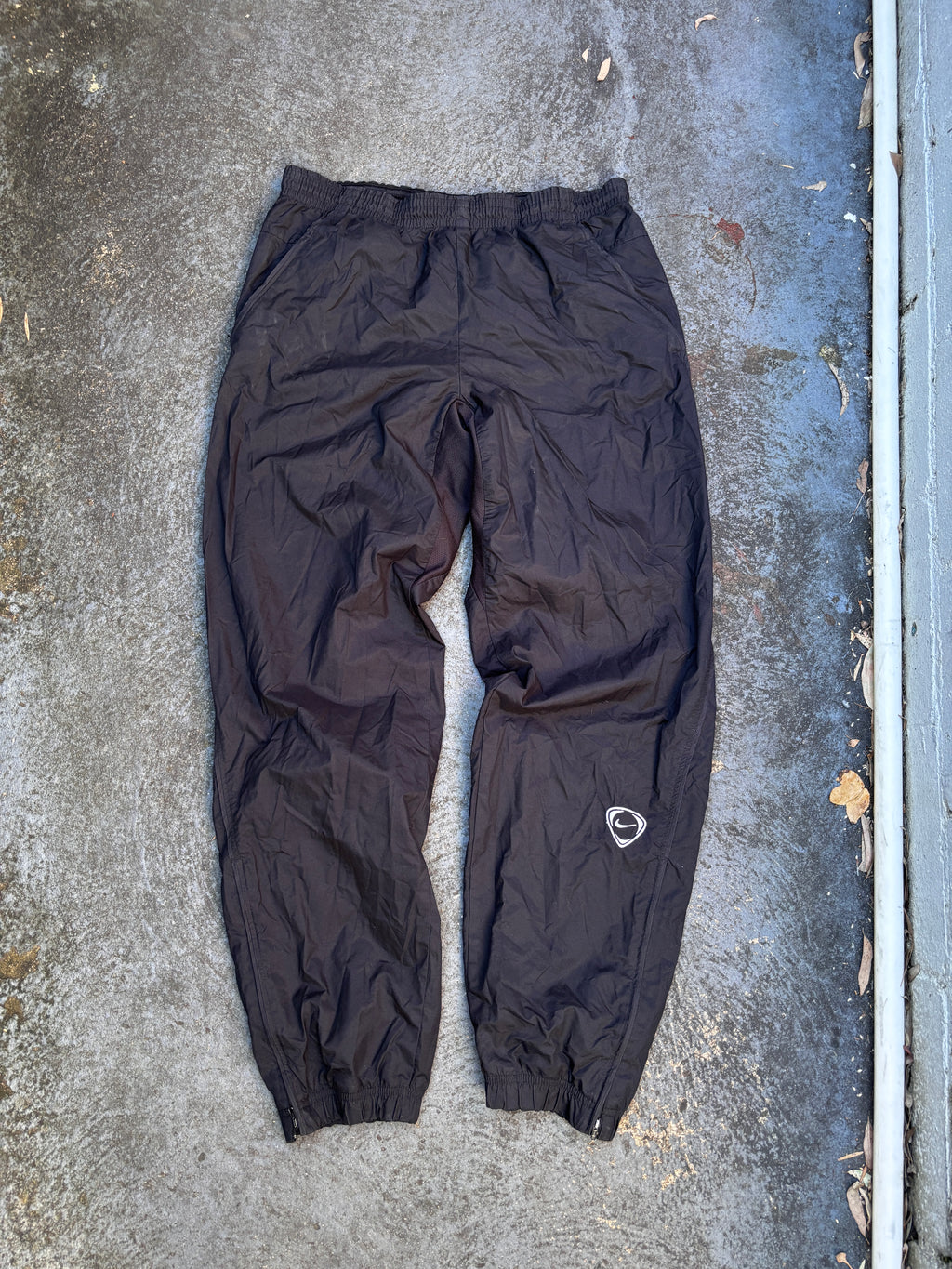 Vintage 90s Nike Football Track Pants Size L Black White Logo Nylon Tapered Leg