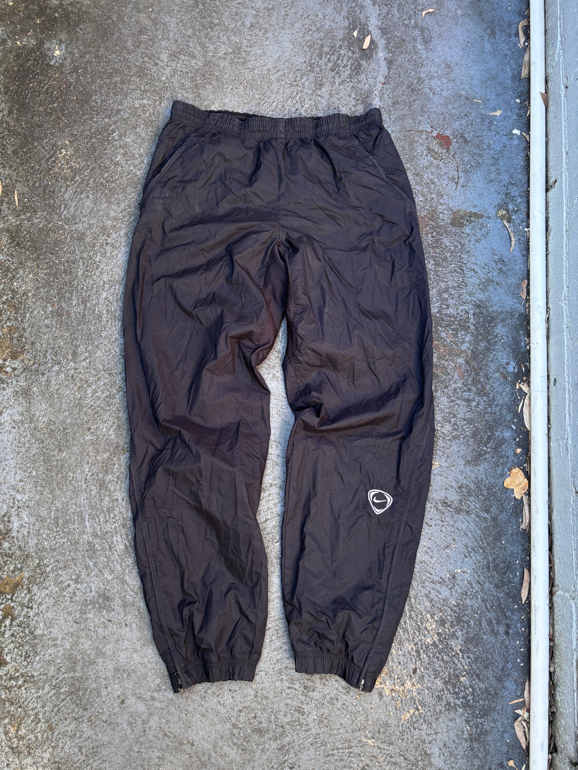Vintage 90s Nike Football Track Pants Size L Black White Logo Nylon Tapered Leg