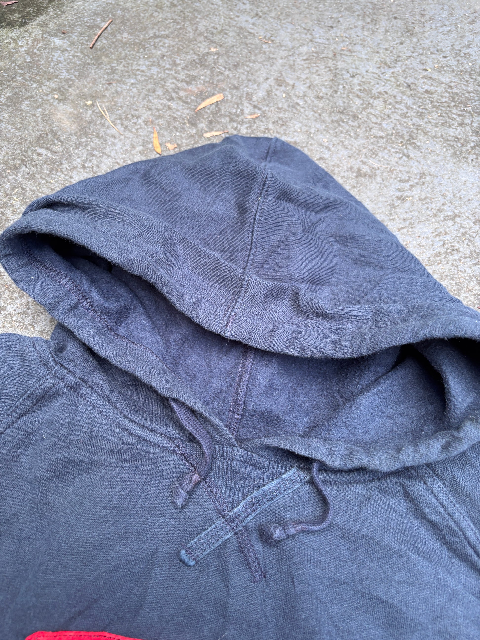 Vintage Y2K No Fear Hoodie Size L Navy Fleece Texture Logo Kangaroo Pouch