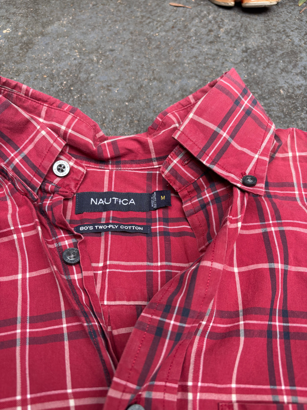 Nautica Shirt Sz M Red Navy Check Chest Pocket Logo 2 Ply Cotton Oversized Fit