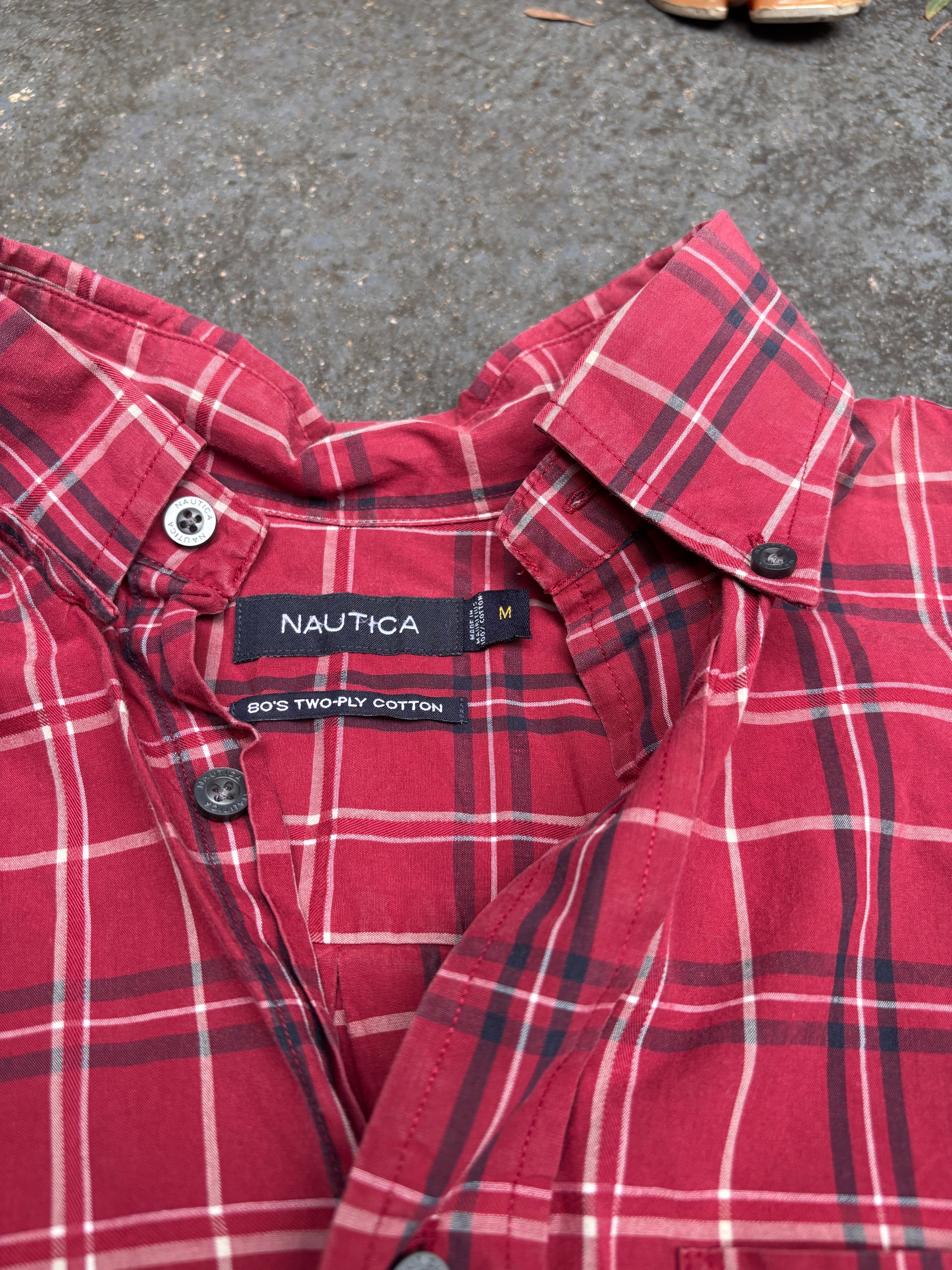 Nautica Shirt Sz M Red Navy Check Chest Pocket Logo 2 Ply Cotton Oversized Fit
