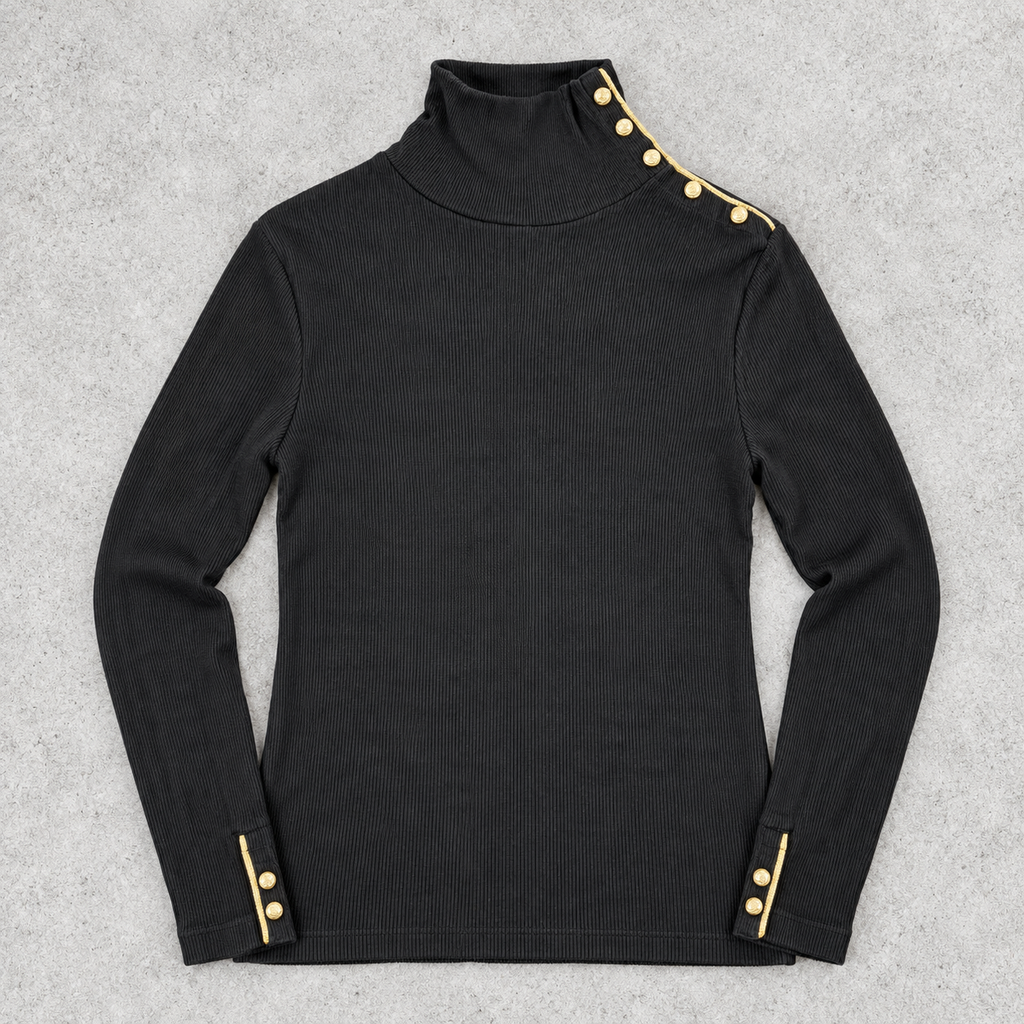 Lauren Ralph Lauren Mock Neck Top Women's Small Black Ribbed Gold Snap Button