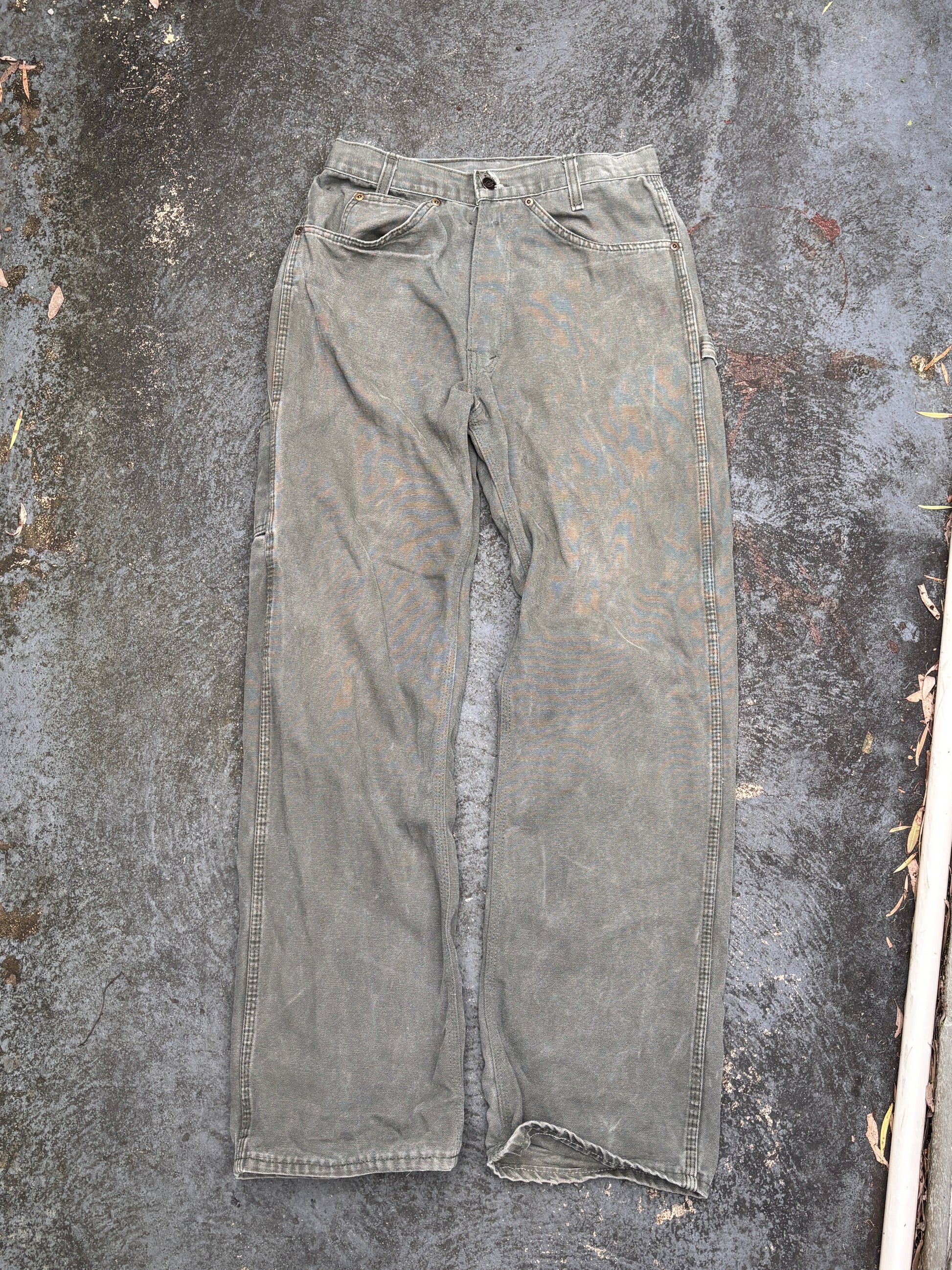 Dickies Carpenter Jeans Size 30 Khaki Olive Green Wide Leg Denim Pocket Logo