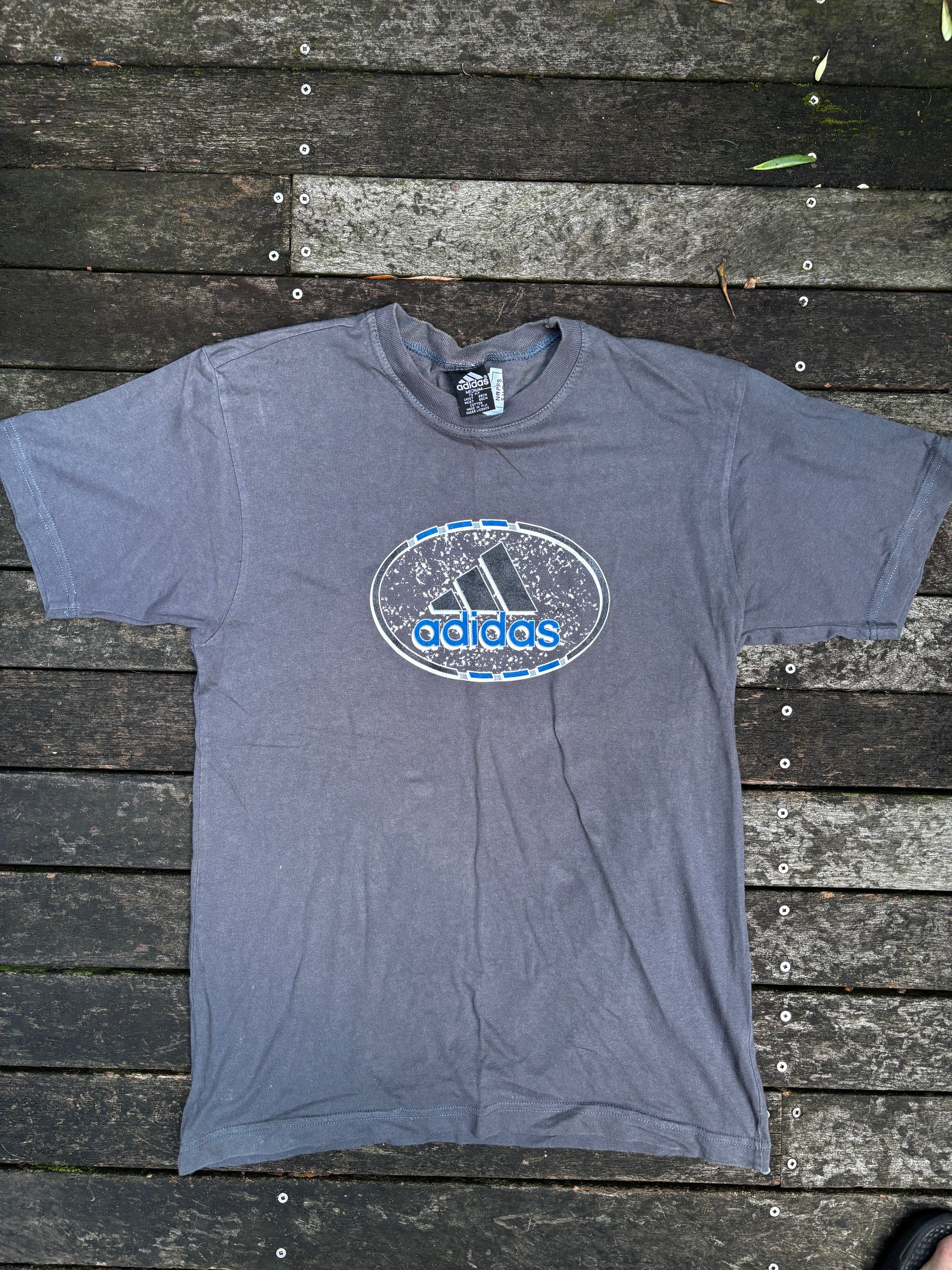 Vintage 90s Adidas T-shirt Size M Grey Large Chest Logo Crew Neck Made in Fiji