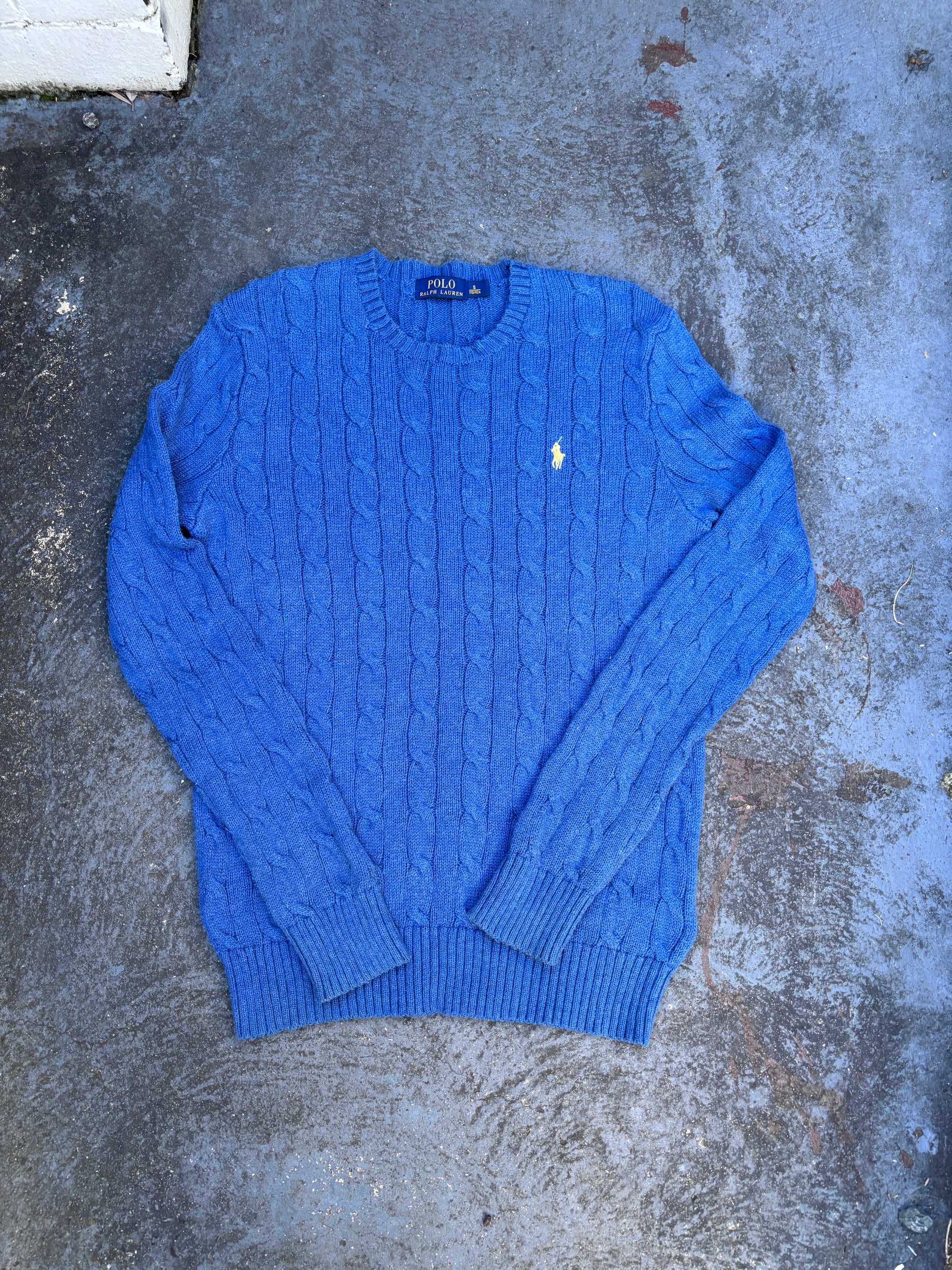 Polo Ralph Lauren Jumper Women’s S Blue Cable Knit Cotton Yellow Pony