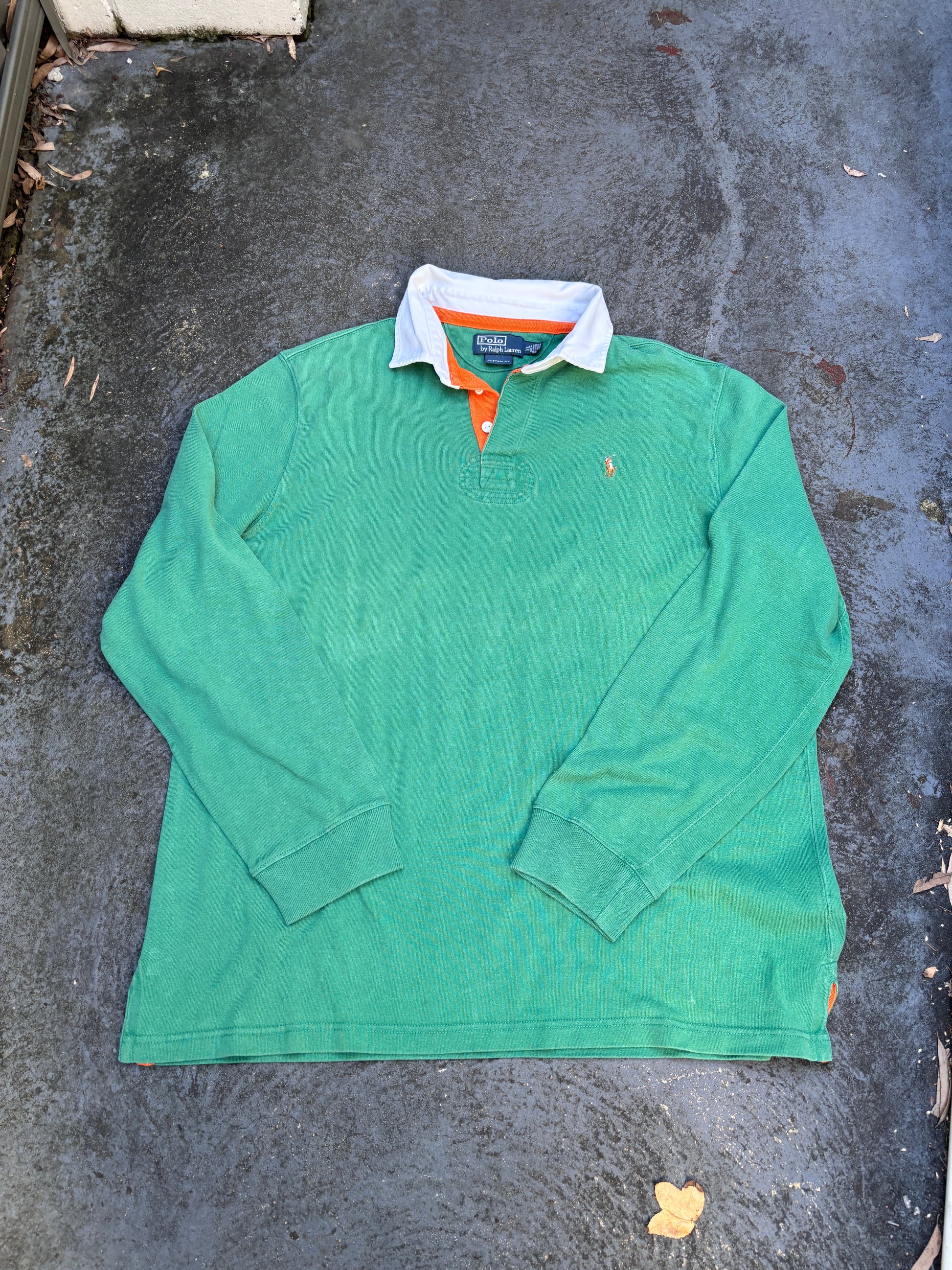 Vintage 90s Polo Ralph Lauren Rugby Polo Size XL Green White Colour Pony Faded
