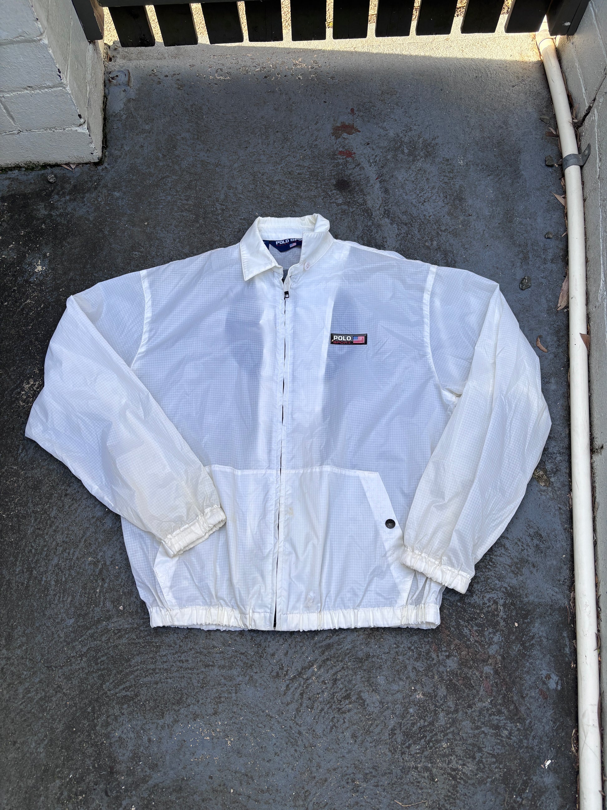 Vintage 90s Polo Sport Jacket Women's S Cream Badge Logo Classic Nylon Windbreaker
