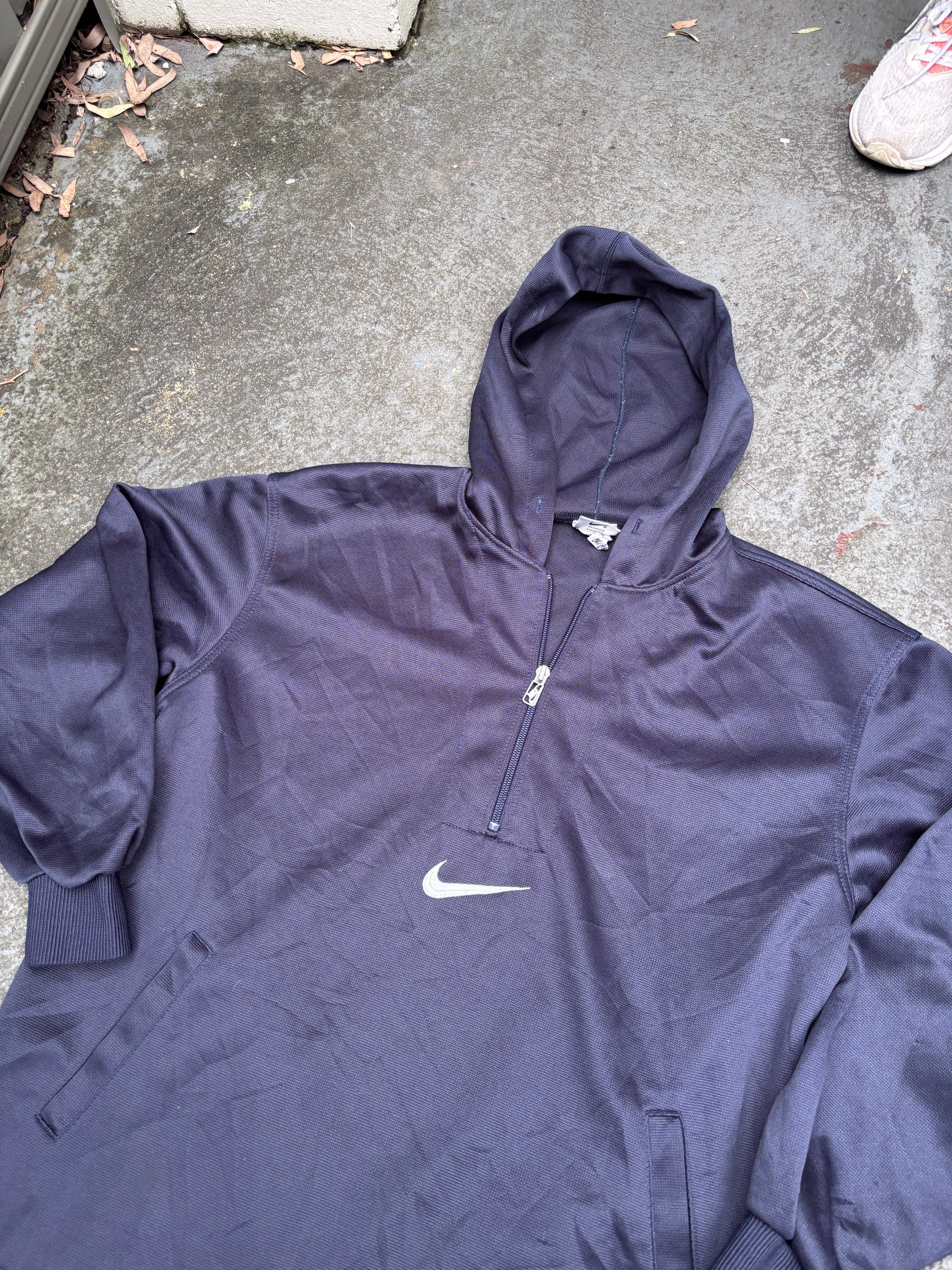 Vintage 90s Nike Anorak Hoodie Size M Navy White Swoosh Mesh Texture Pouch
