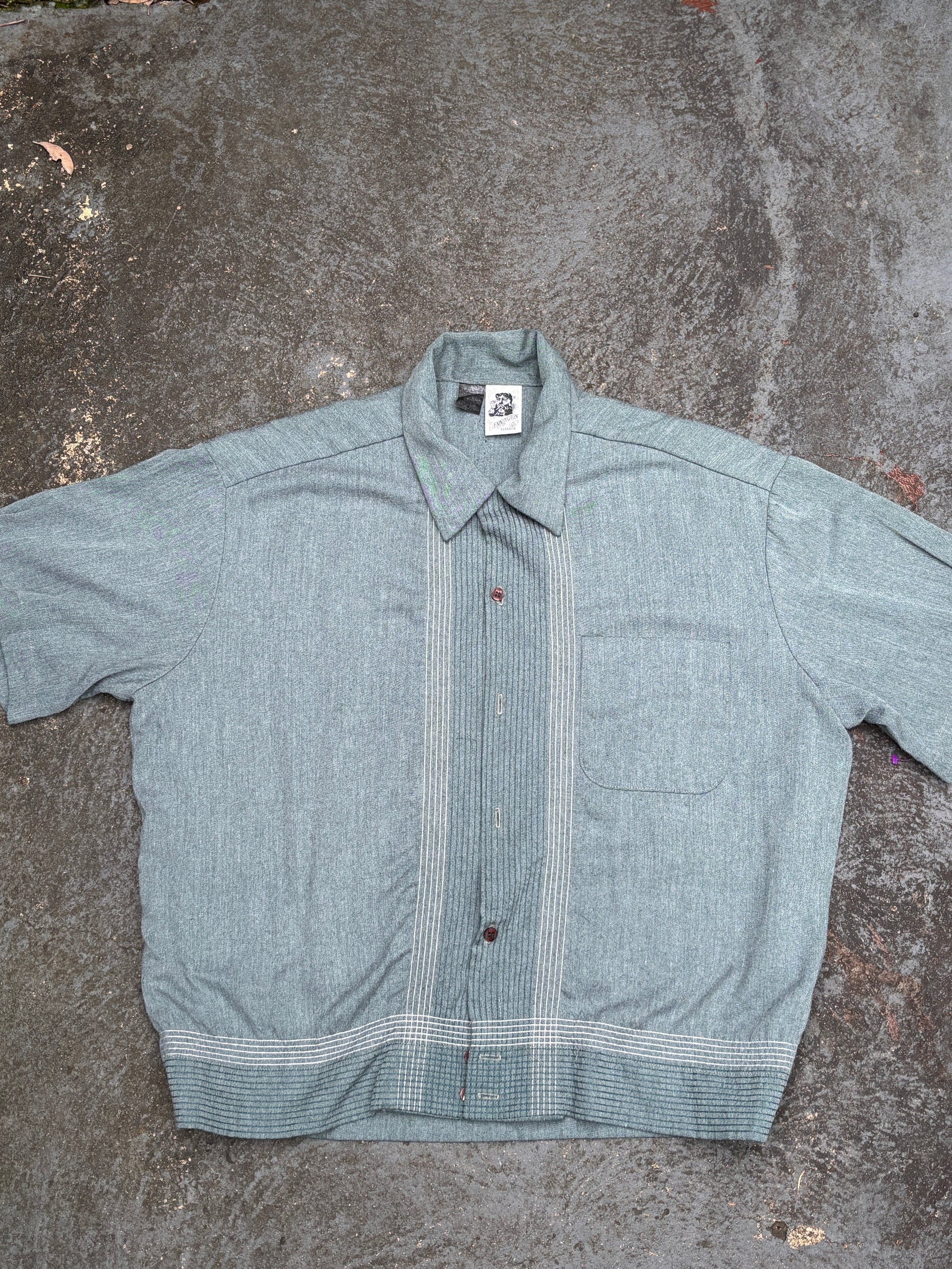 Vintage 70s Kennington Shirt Size L Green Stitch Pattern Mod Style Boxy Fit