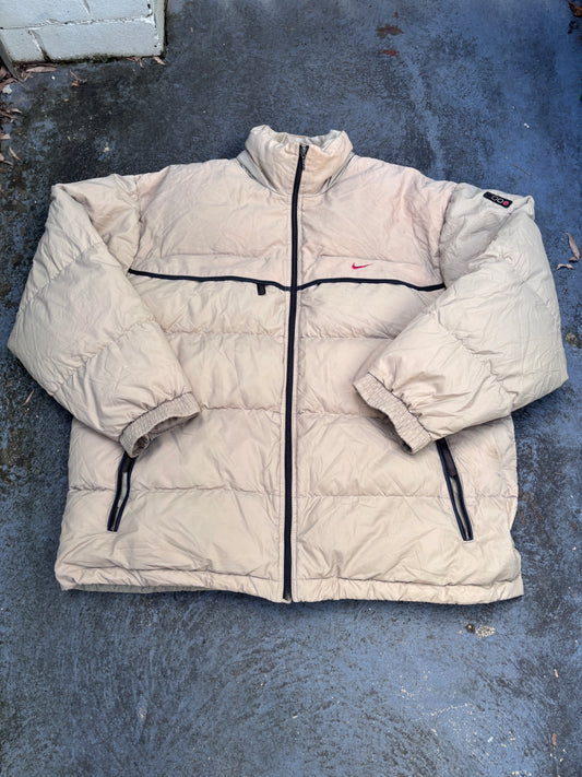 Vintage 90s Nike Down Puffer Jacket Size L Oversized Tan Red Swoosh Full Zip