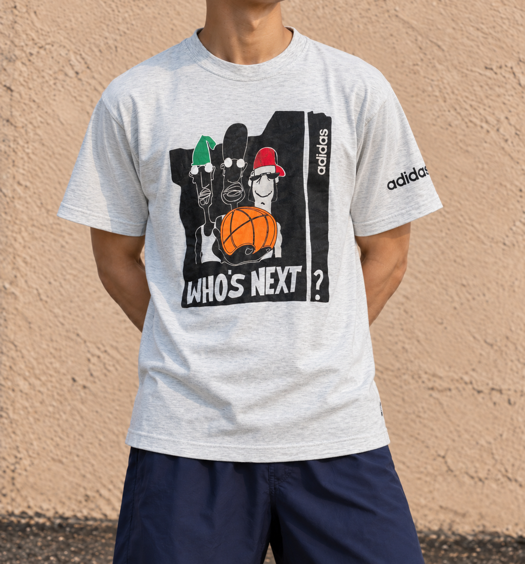 Vintage 90s Adidas T-Shirt Size M Grey Whos Next Basketball Front Graphic