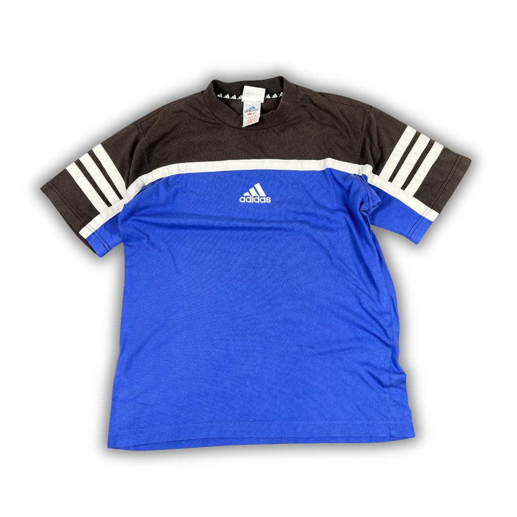 Vintage 90s Adidas T-Shirt L Navy 3 Stripe Centre Logo Crew Neck