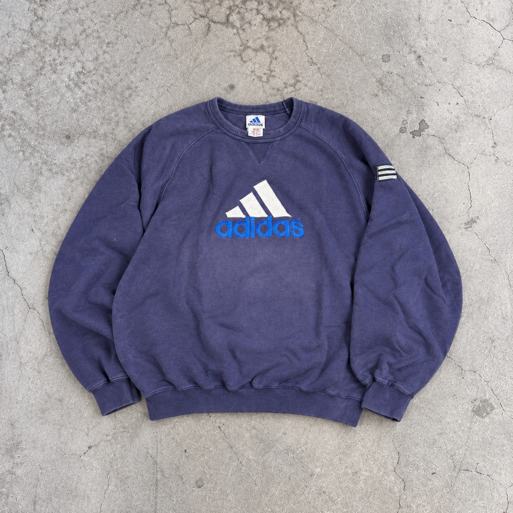 Vintage 90s Adidas Jumper Size XL Navy Large Front Graphic Faded Sweatshirt