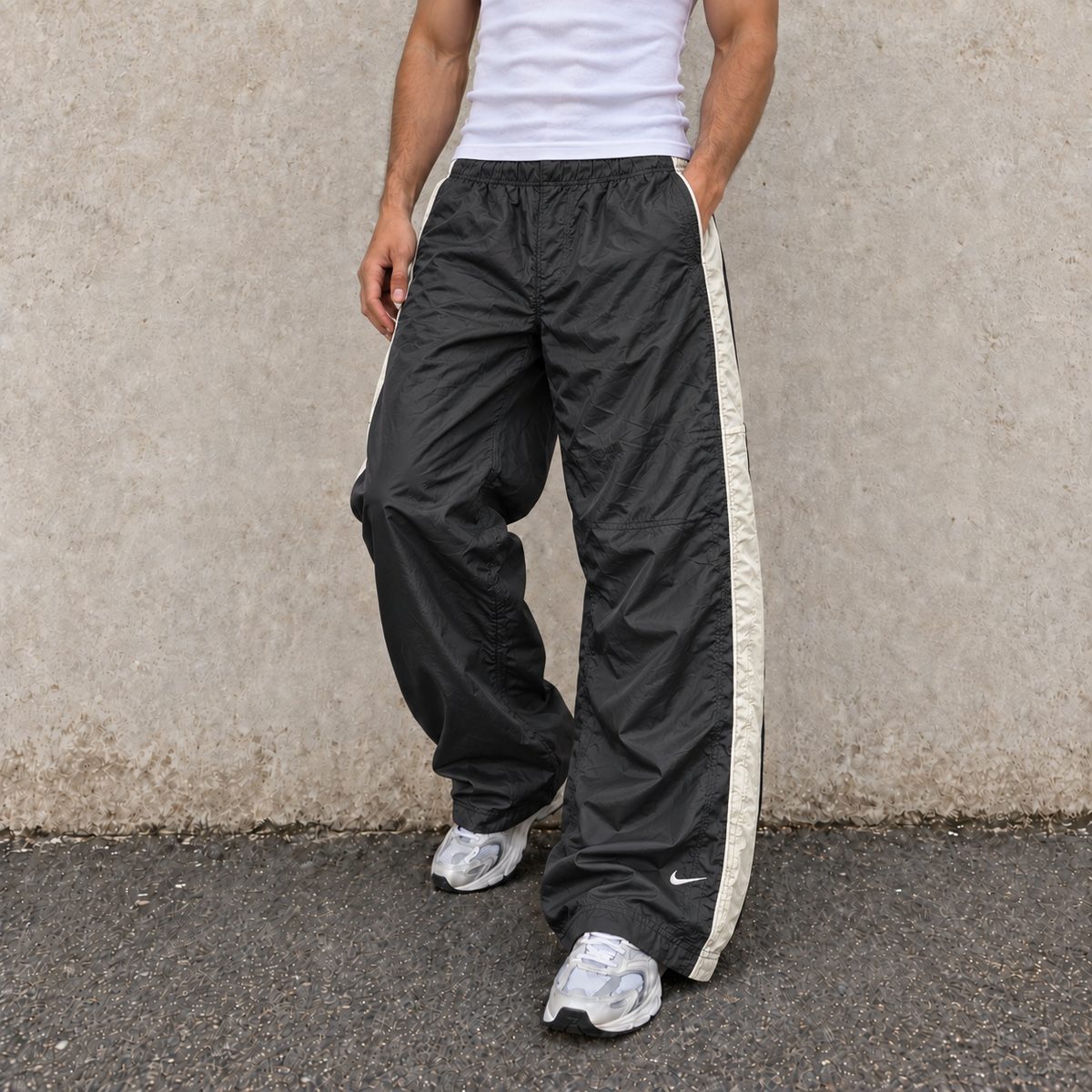 Vintage 90's Nike Cargo Track Pants Men's L Black White Piping Grey Panels Ankle Swoosh Wide Leg