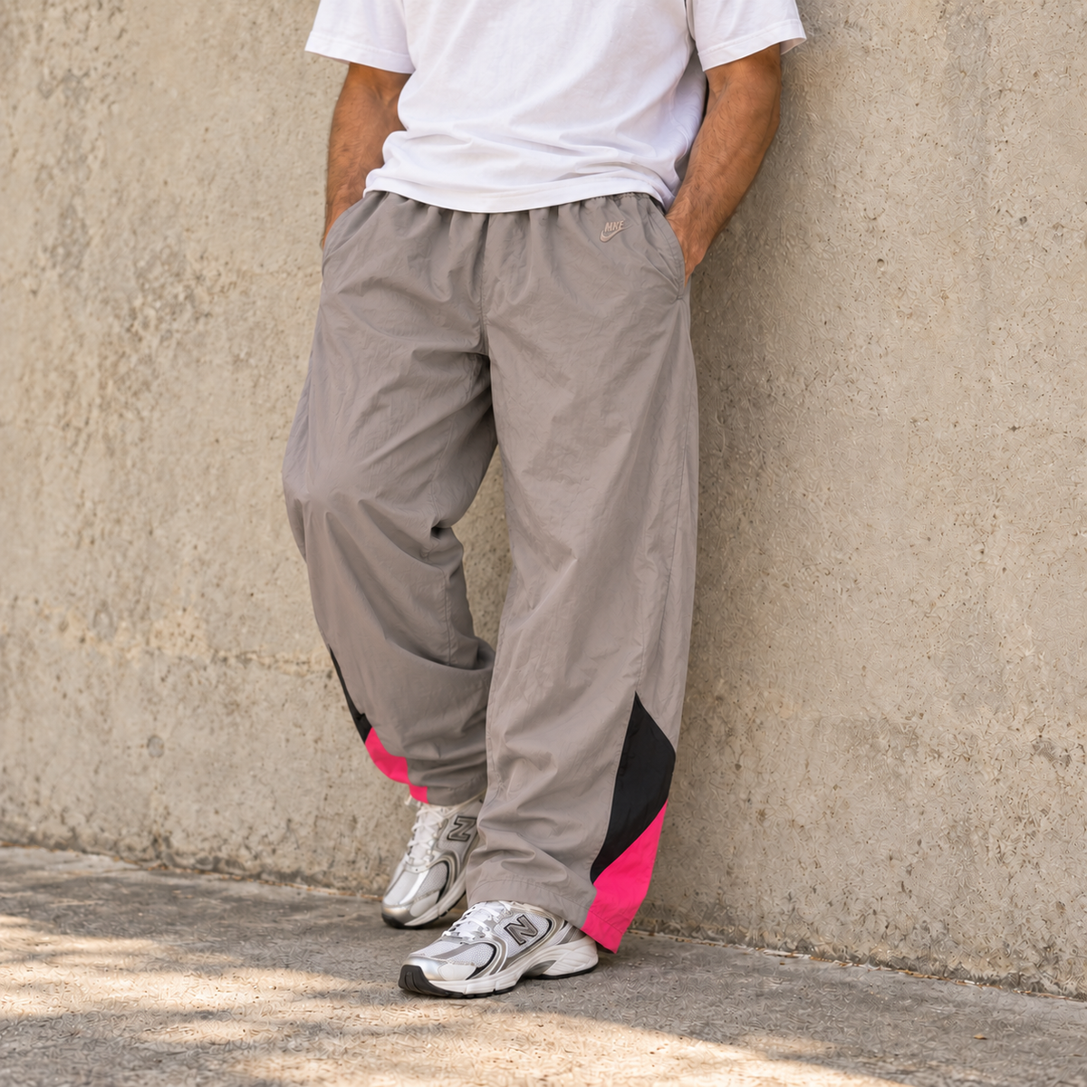 Vintage 90's Nike Track Pants Men's XL Double Grey Fluro Pink Black Panels Wide Leg