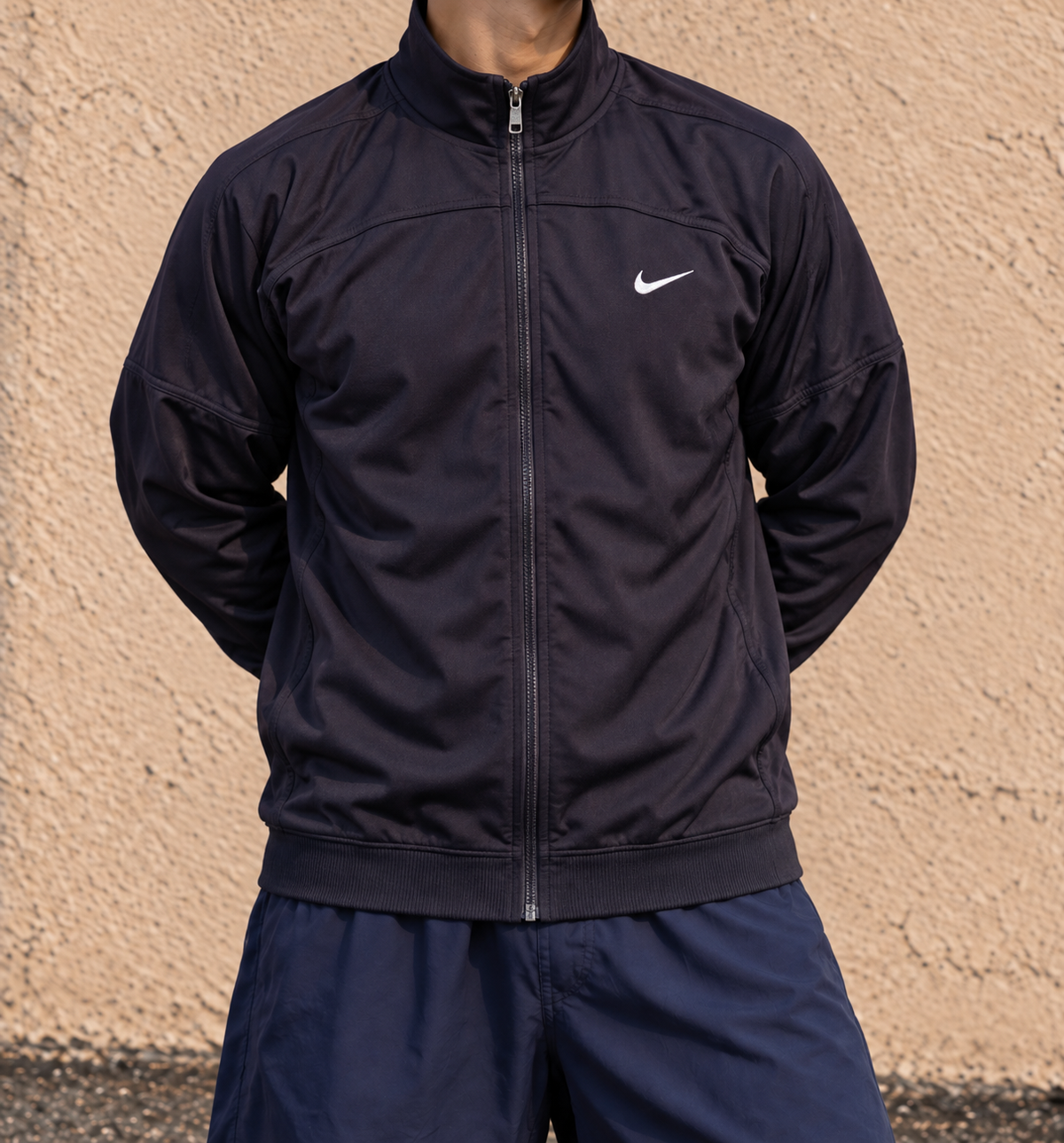 Vintage 90s Nike Jacket Men's Medium Black White Swoosh Full Zip Mock Neck