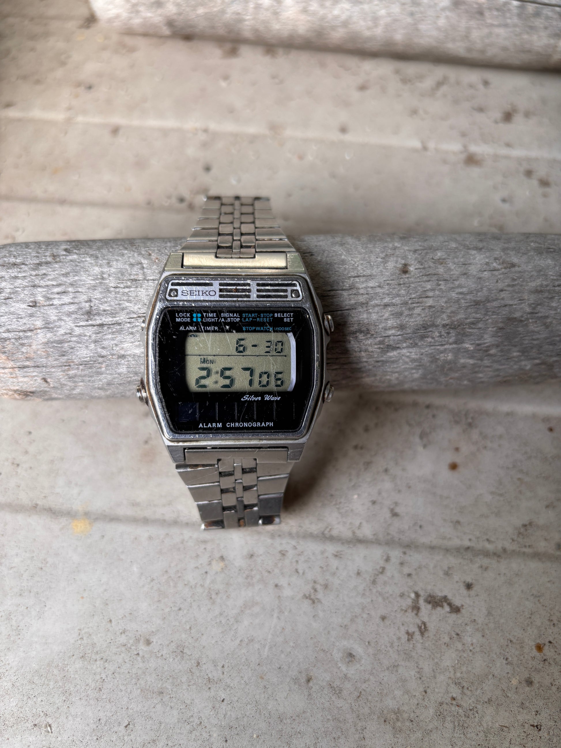 1980's Seiko Silver Wave Chronograph Alarm Watch New Battery A-258-5000
