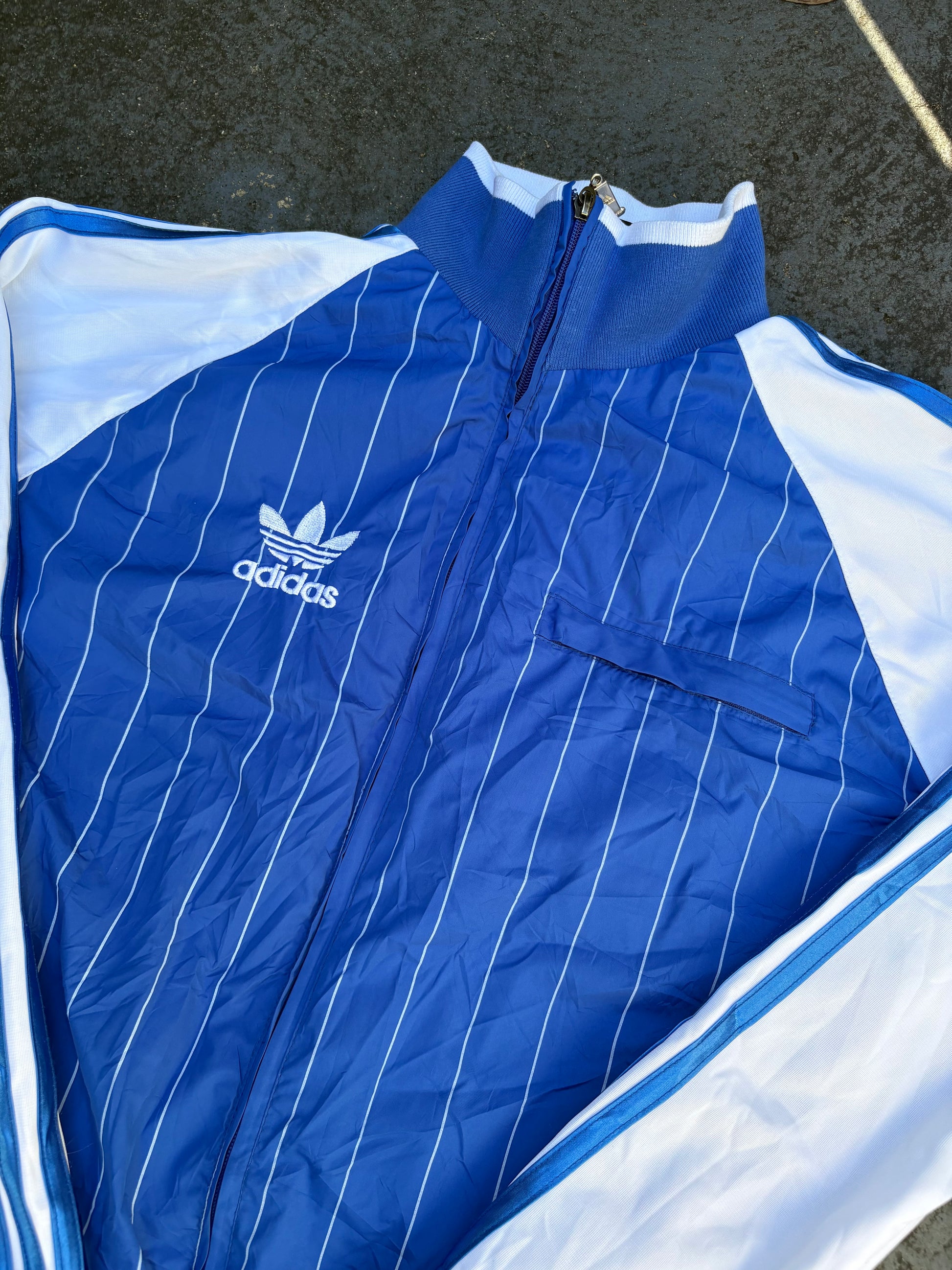 Vintage 90s Adidas Pinstripe Jacket Sz M Blue White Embroidered Logo Windbreaker