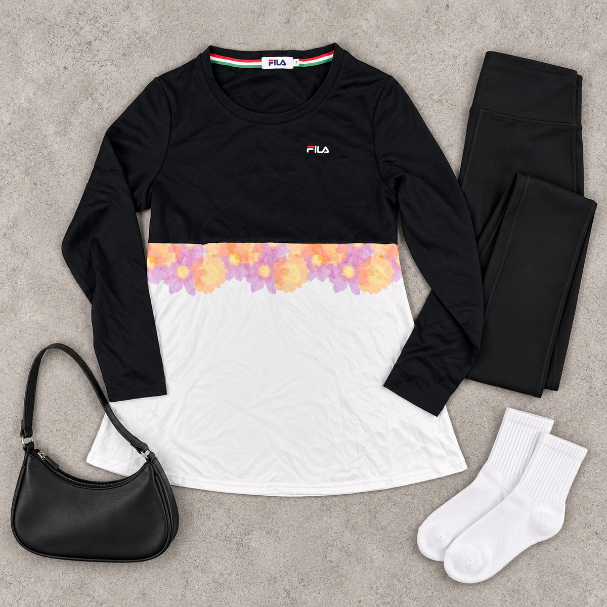 FILA tennis dress women's medium black white floral colour block long sleeve