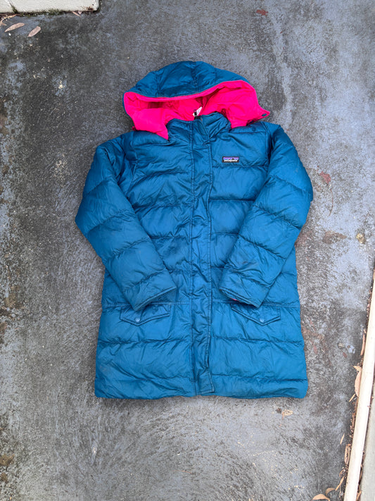 Patagonia Puffer Down Jacket Size S Green Pink Hooded Chest Logo Full Zip