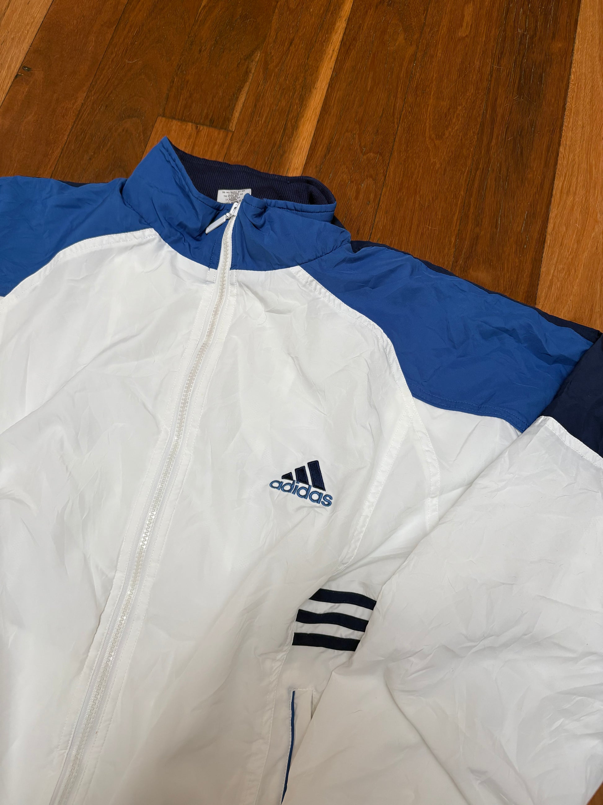 Vintage 90s Adidas Jacket Size L White Blue Auto Shop Print Classic Windbreaker