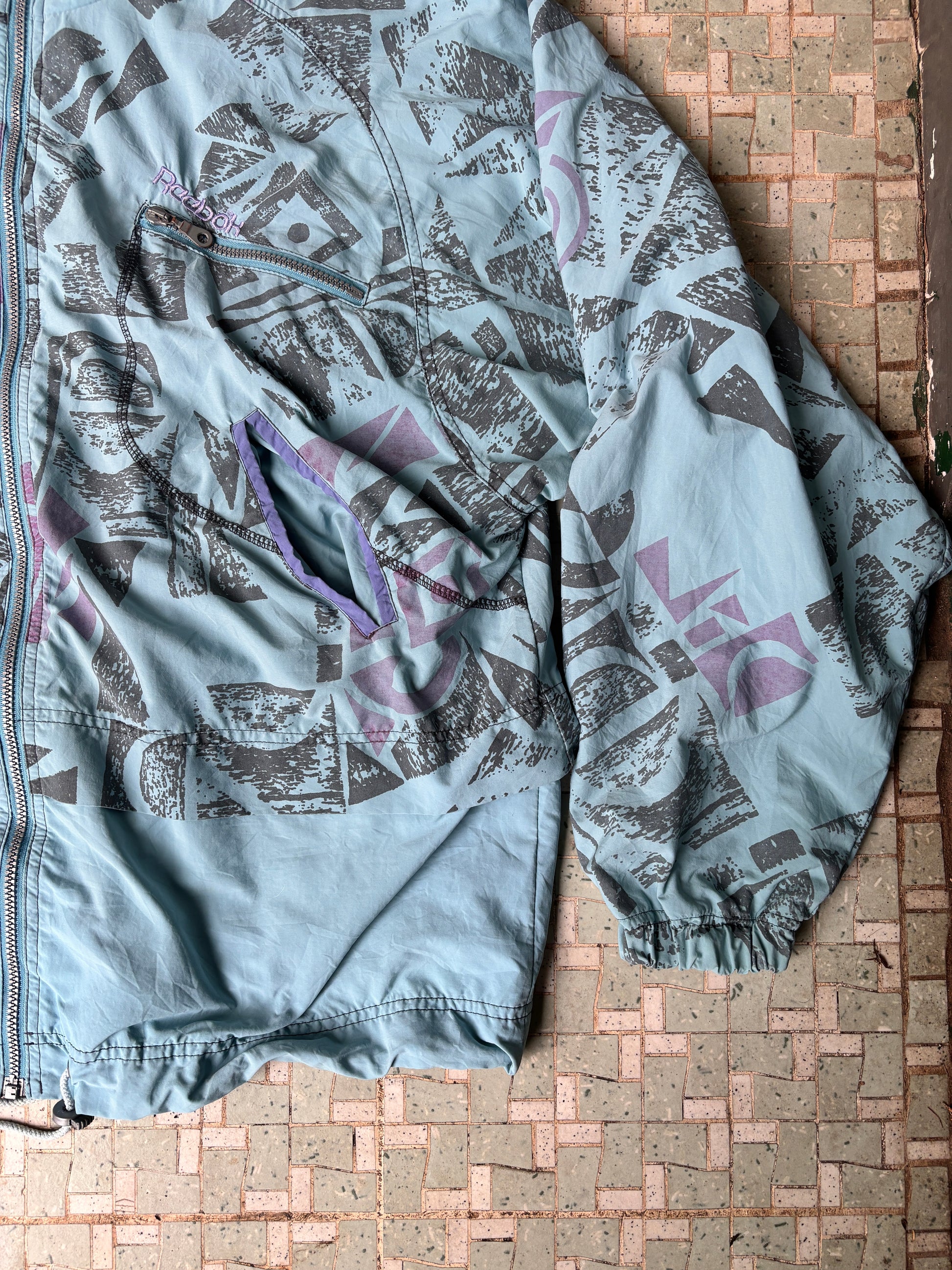 Vintage 80's Reebok Jacket Size XL Blue Green Windbreaker Mock Neck Zip Up