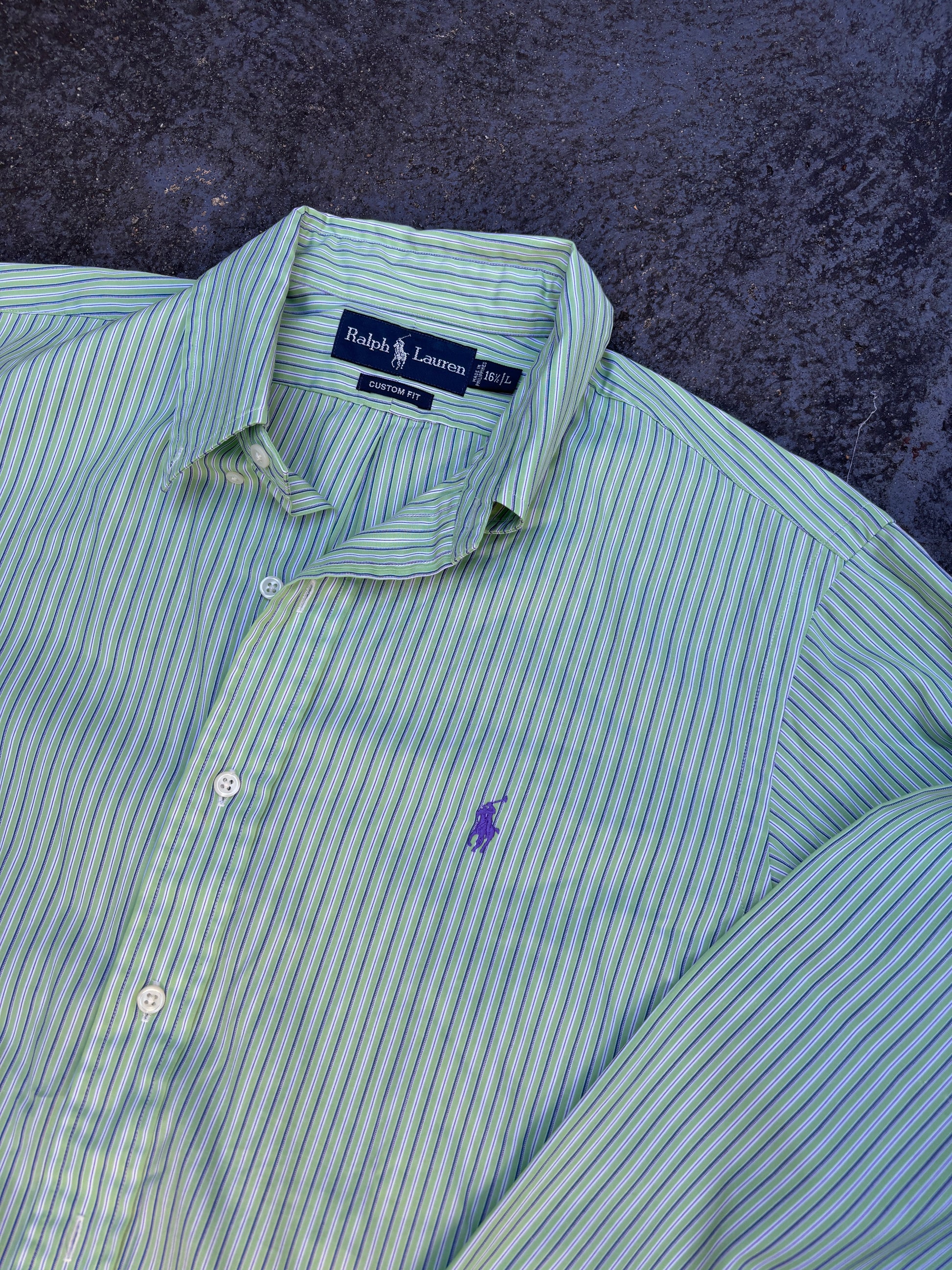 Vintage 90s Ralph Lauren Shirt Size L Green Purple Stripe Long Sleeve Button Up
