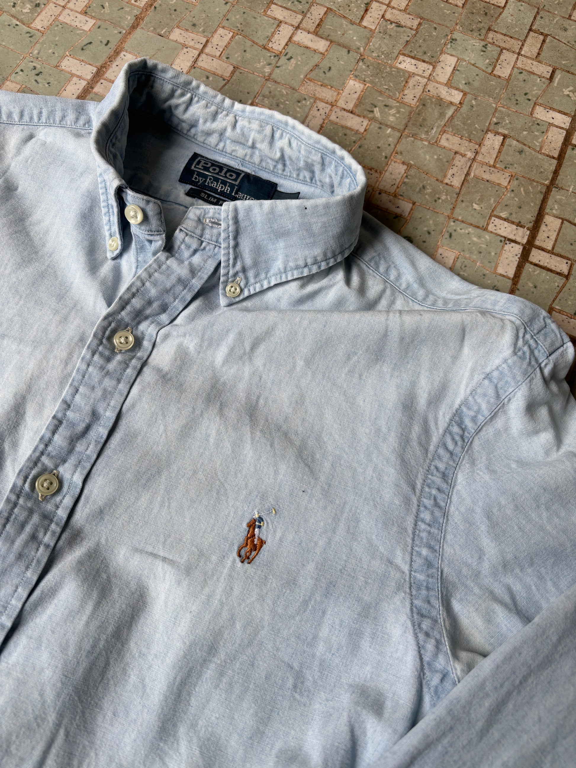 Vintage Y2K Polo Ralph Lauren Shirt Size M Blue Washed Faded Look Colour Pony