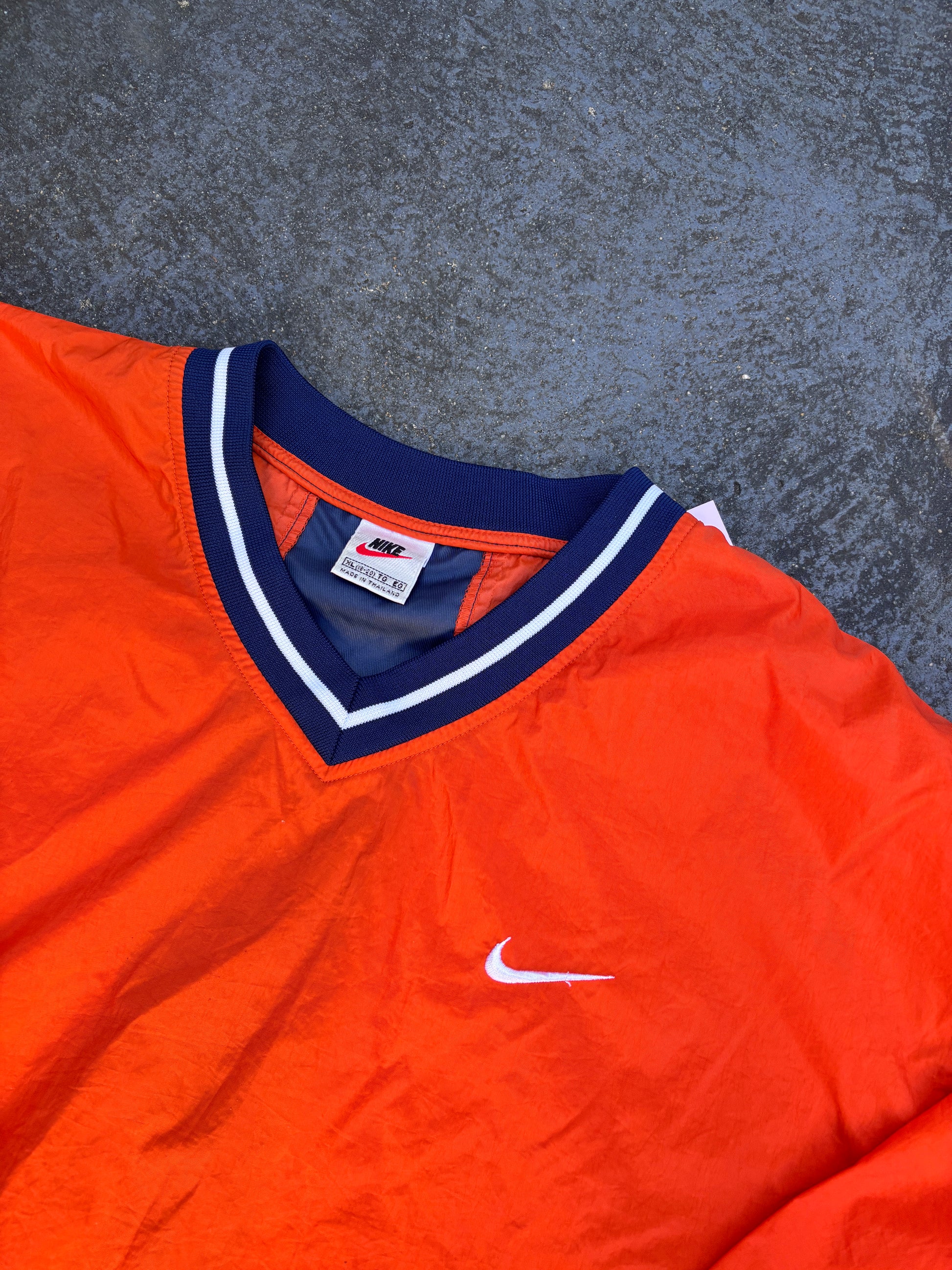 Vintage 90s Nike Jacket Size XL Orange Navy Swoosh Cuffed Nylon Windbreaker