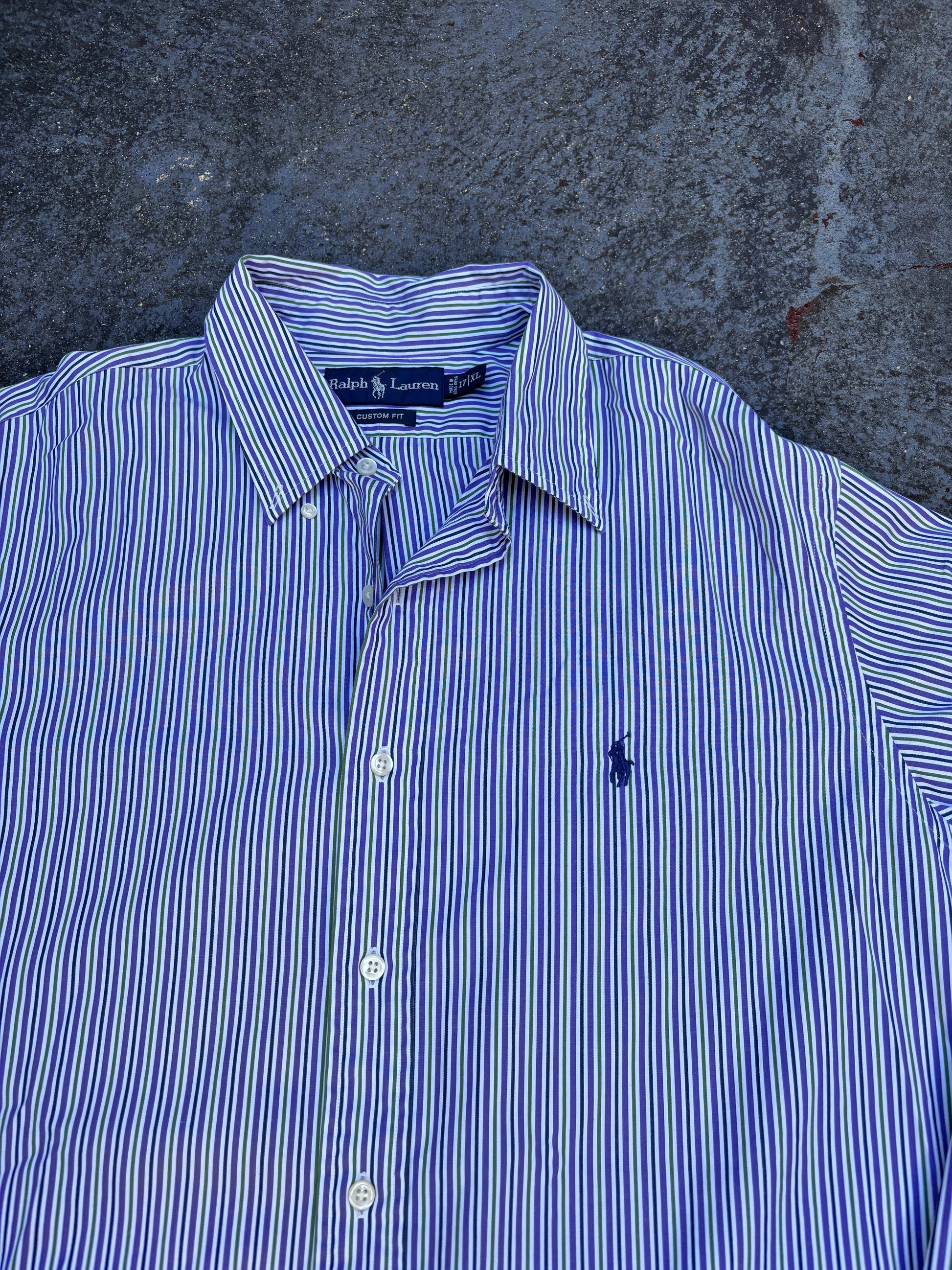 Vintage 90s Ralph Lauren Shirt Men’s XL Purple Green Down Stripe Cotton Navy Pony