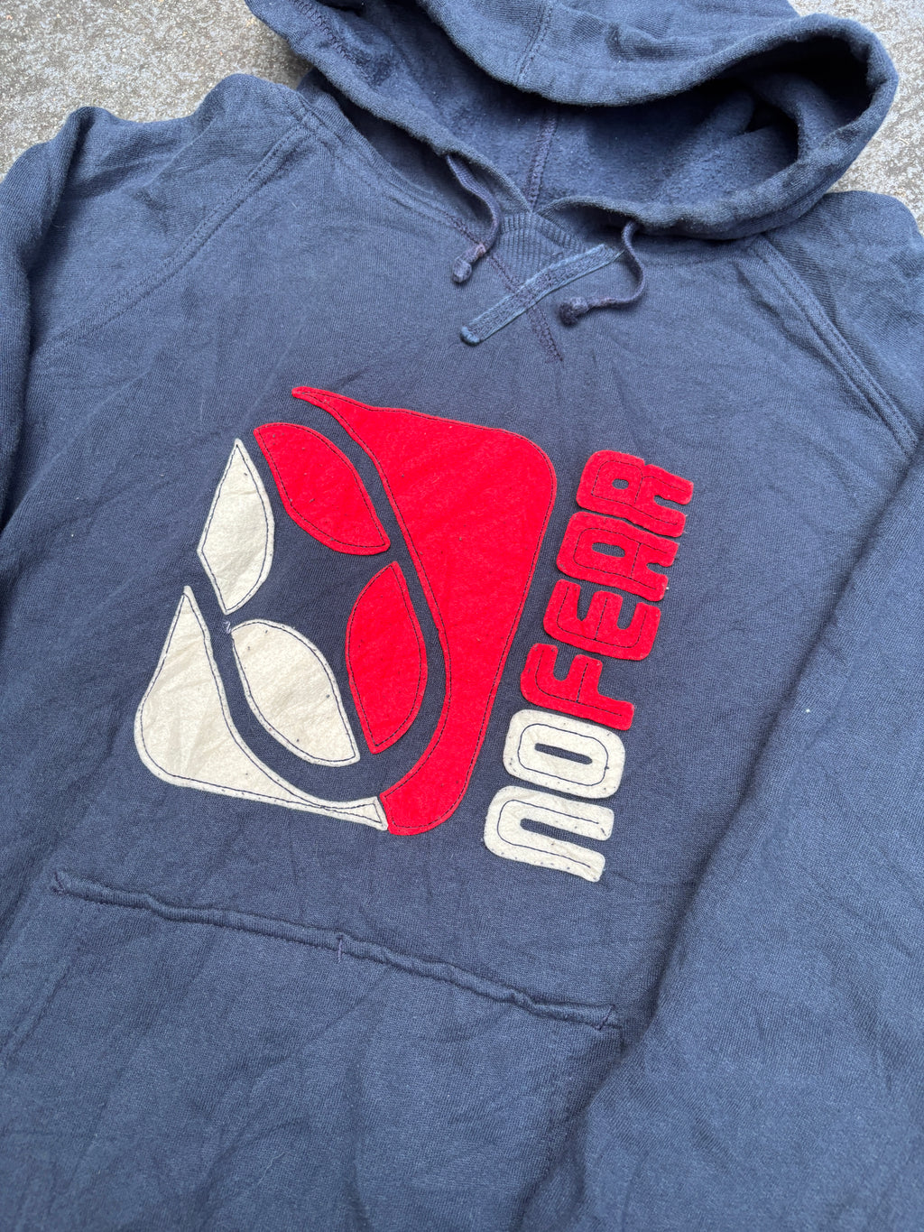 Vintage Y2K No Fear Hoodie Size L Navy Fleece Texture Logo Kangaroo Pouch