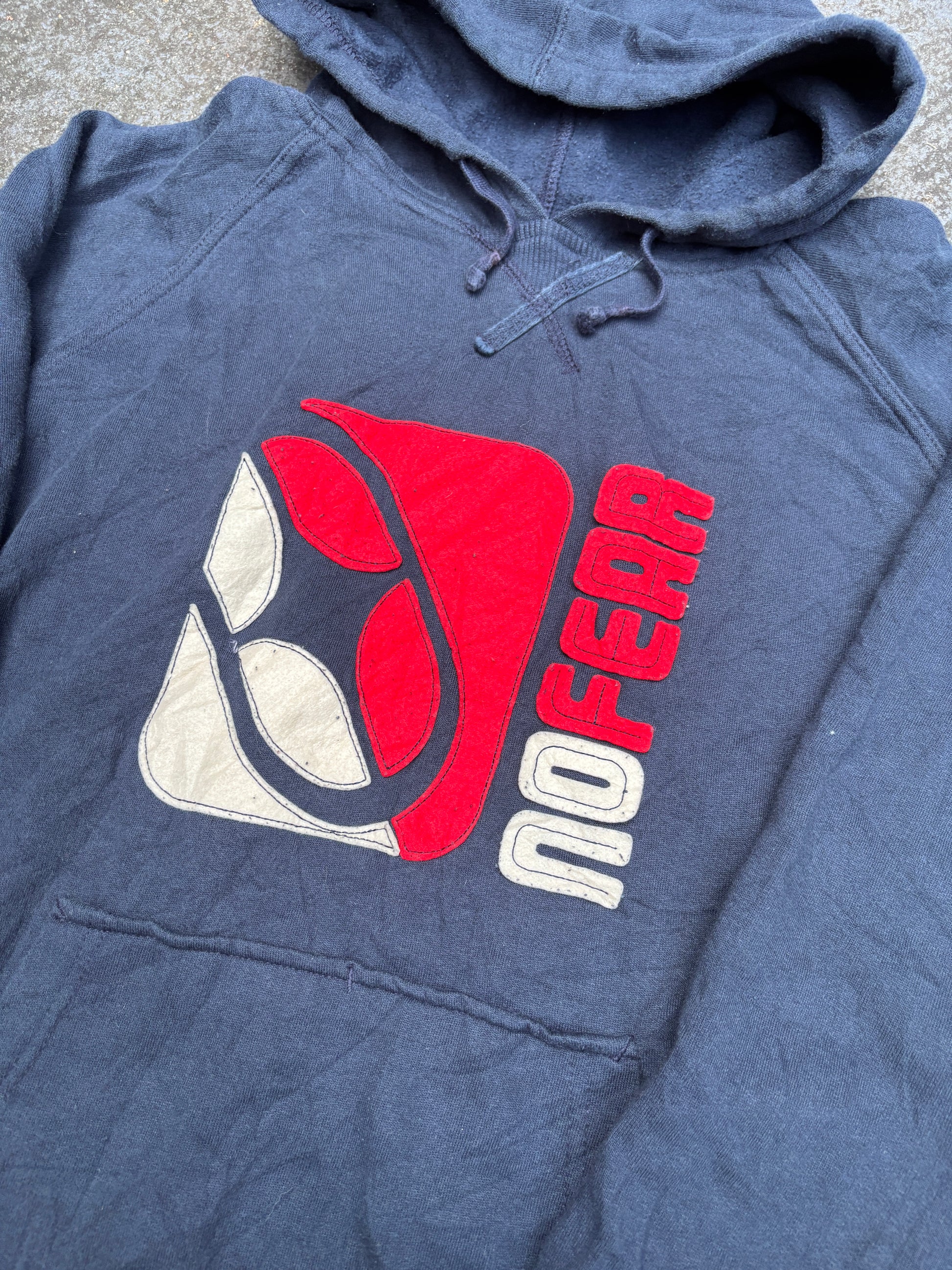 Vintage Y2K No Fear Hoodie Size L Navy Fleece Texture Logo Kangaroo Pouch